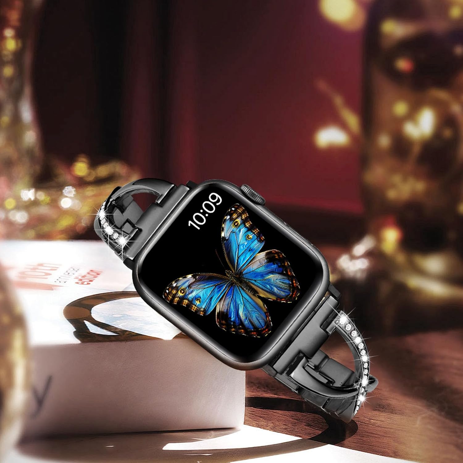 Metal Bands Compatible with Apple Watch Band for Women 38mm 40mm 41mm 42mm 44mm 45mm 46mm 49mm, Bling Dressy X-Shape Bracelet for iWatch Ultra SE Series 11 10 9 8 7 6 5 4 3 (Black) - Image 4