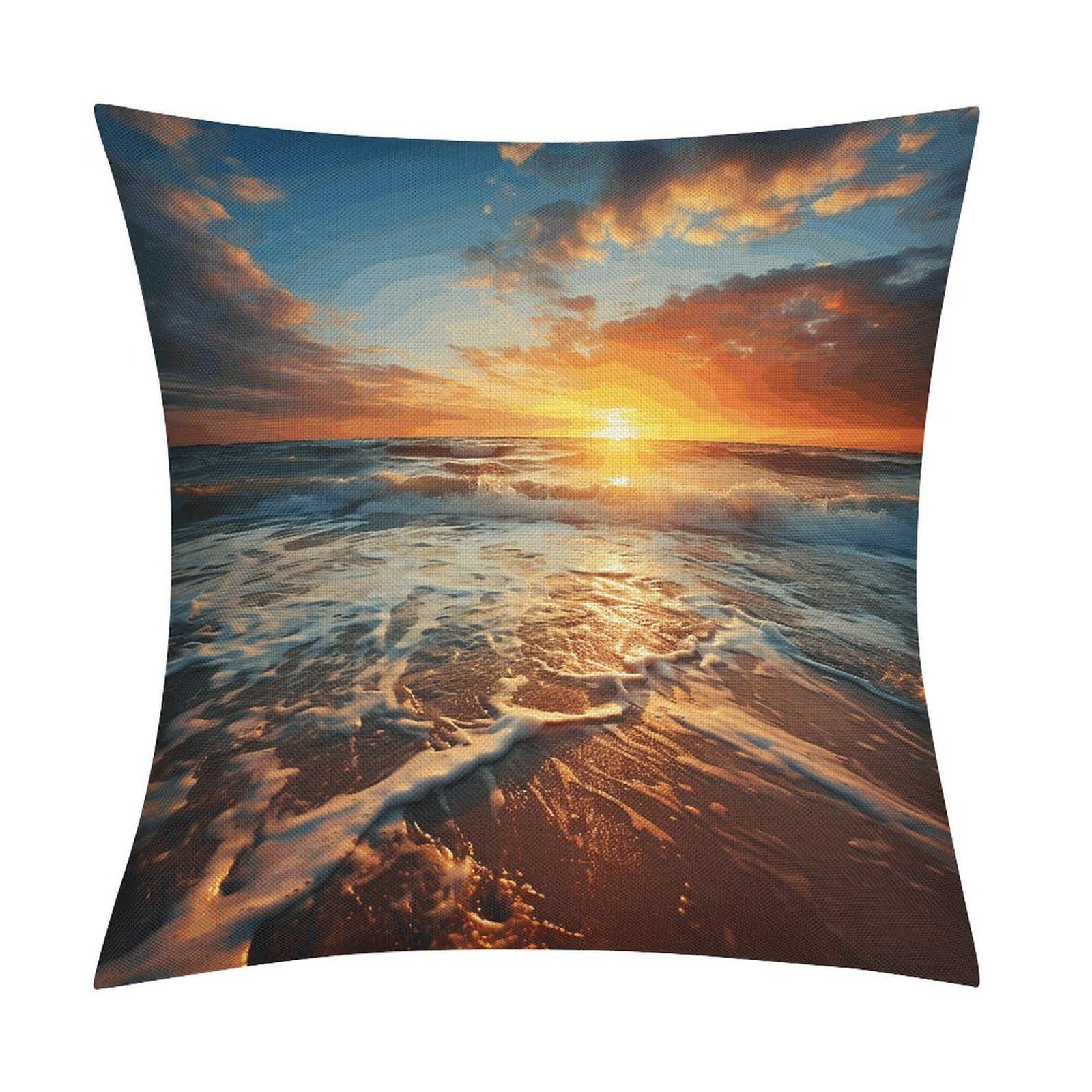 LZQPOEAS Ocean Sunrise Throw Pillow Covers, Waterproof Faux Linen Pillow Cases with Invisible Zipper, Decorative Square Cushion Covers for Sofa Couch Living Room Bedroom 18x18 Inch
