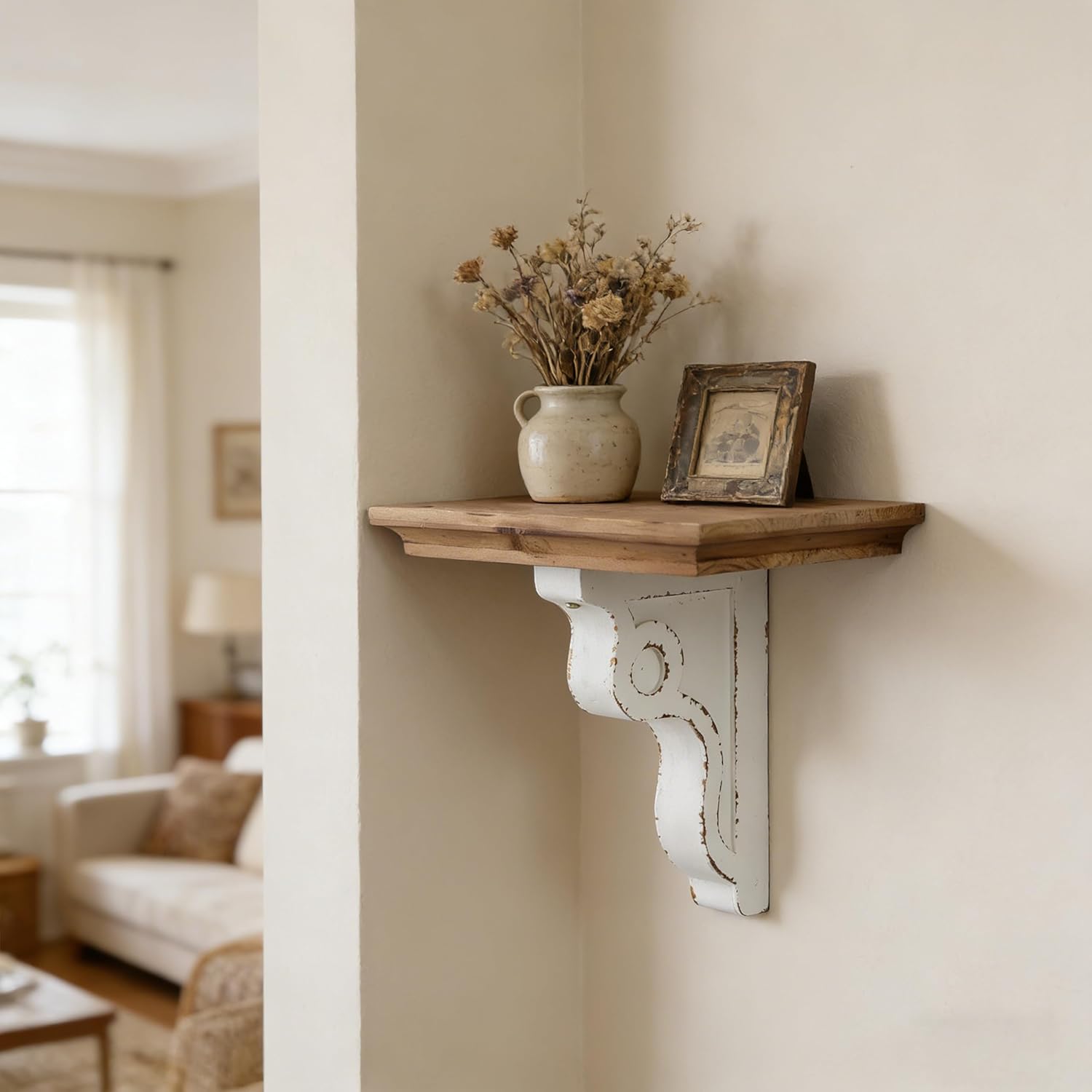 SOFE Rustic Wood Floating Shelf 14 Inches Long, Decorative Wall Shelves for Living Room Bedroom Bathroom, Chic Wall Decor for Display Vases Candles Books, Distressed White Scrolled Bracket