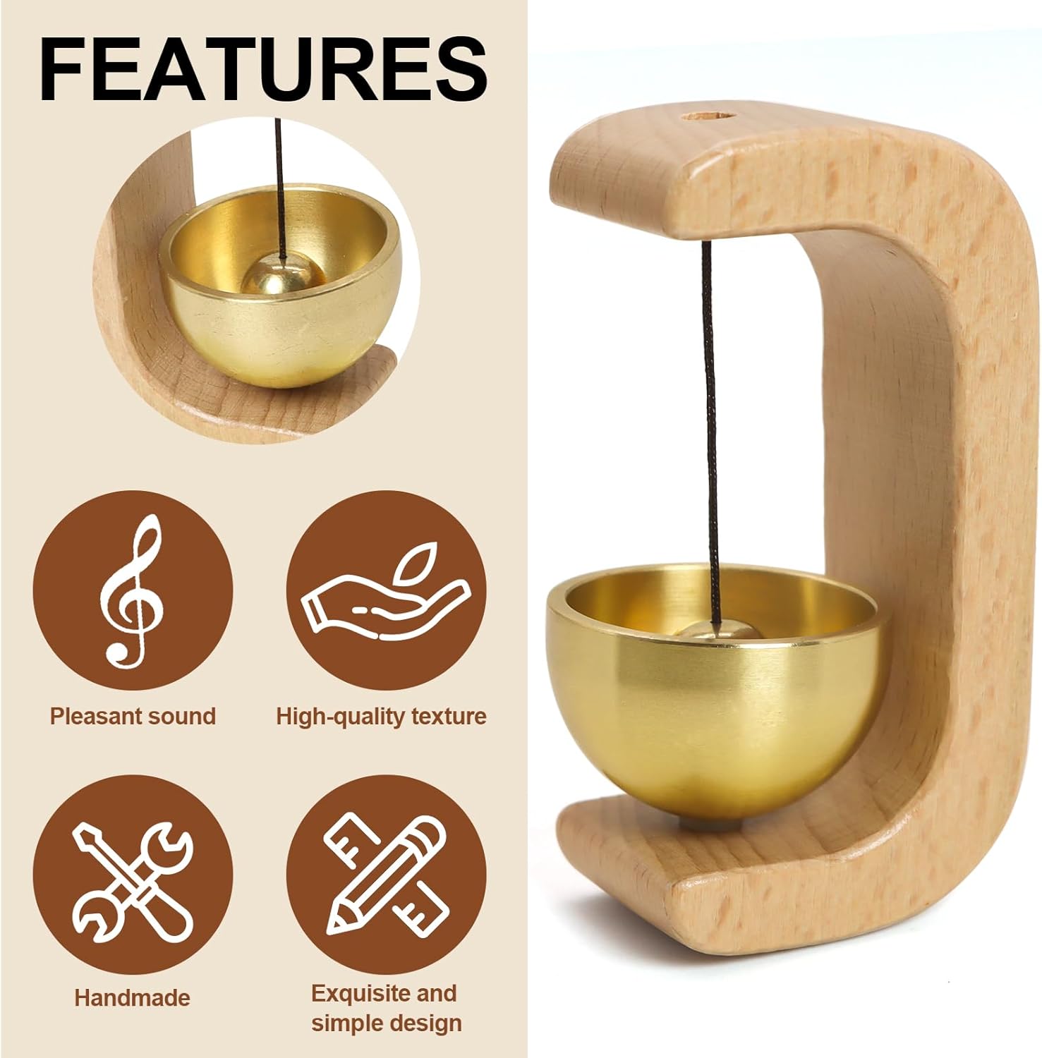 Magnetic Shopkeepers Bell, Decorative Wooden Chime with Brass Bell,with Self-Adhesive for Front Porch, Wall, Garden, Shop, Housewarming Gift, C Shape (1, Light)