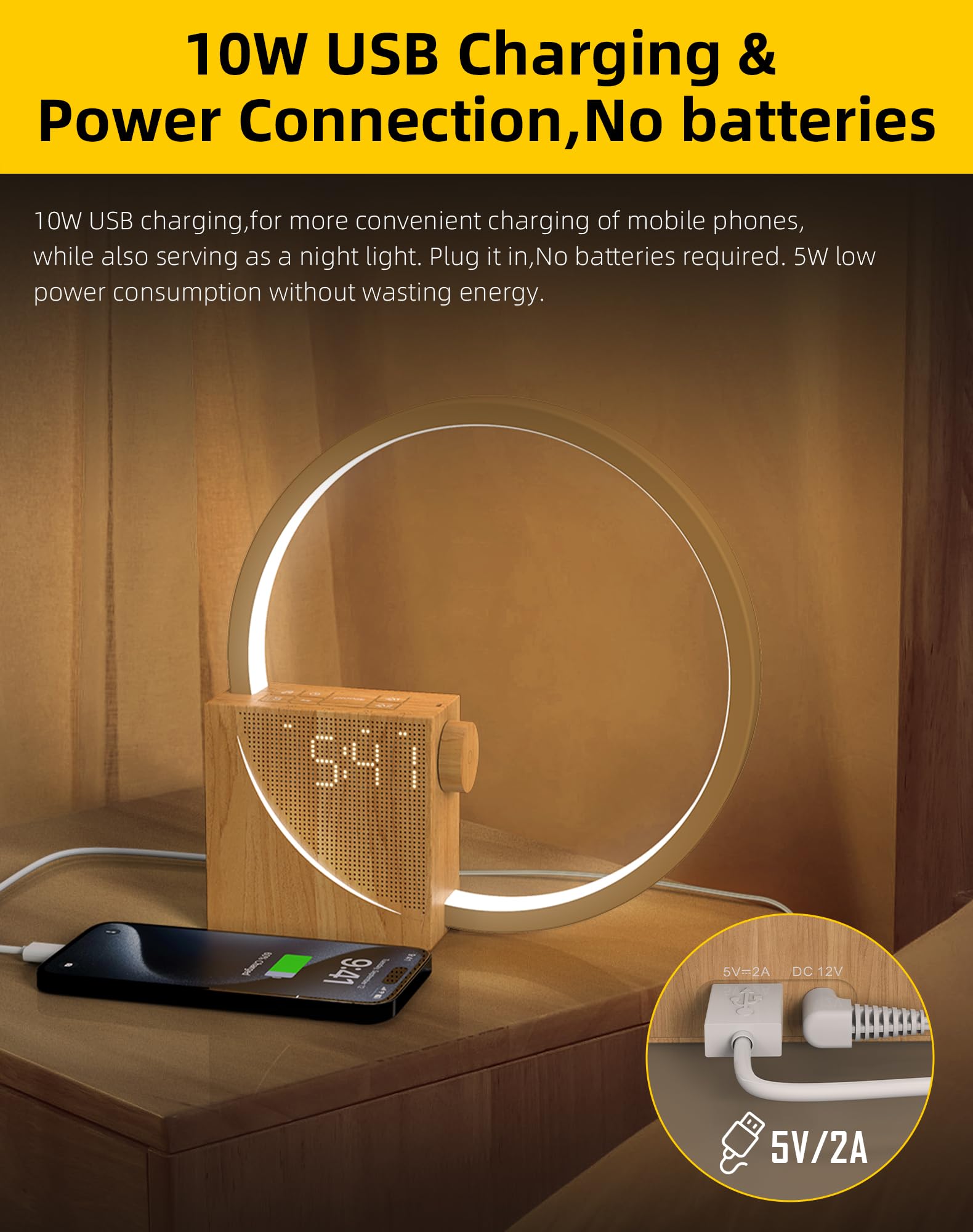 Lampe de Chevet LED avec Réveil, Wake up Light, USB, 3 Modes d'Éclairage, 10 Sons Naturels, Bois