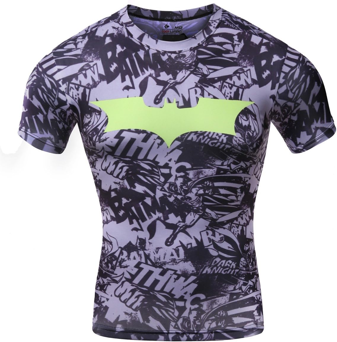 Cody Lundin® Movie Theme Superhero Men Short Sleeve Tee FITNESS COMPRESSION SHIRT, Bat Logo T-Shirt