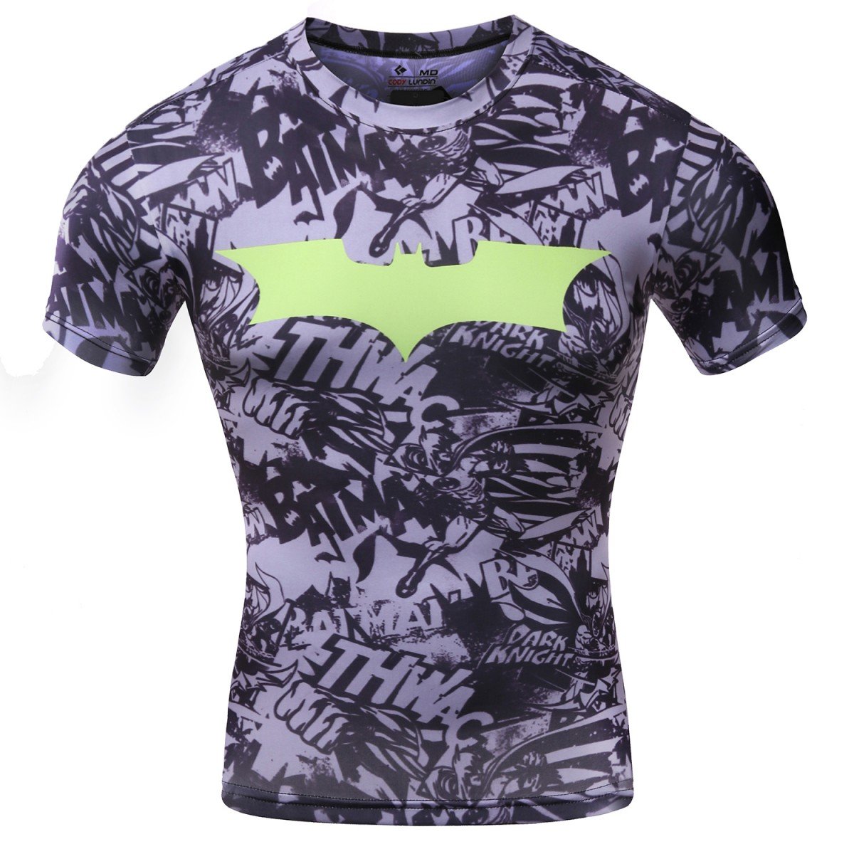 Cody Lundin® Movie Theme Superhero Men Short Sleeve Tee FITNESS COMPRESSION SHIRT, Bat Logo T-Shirt