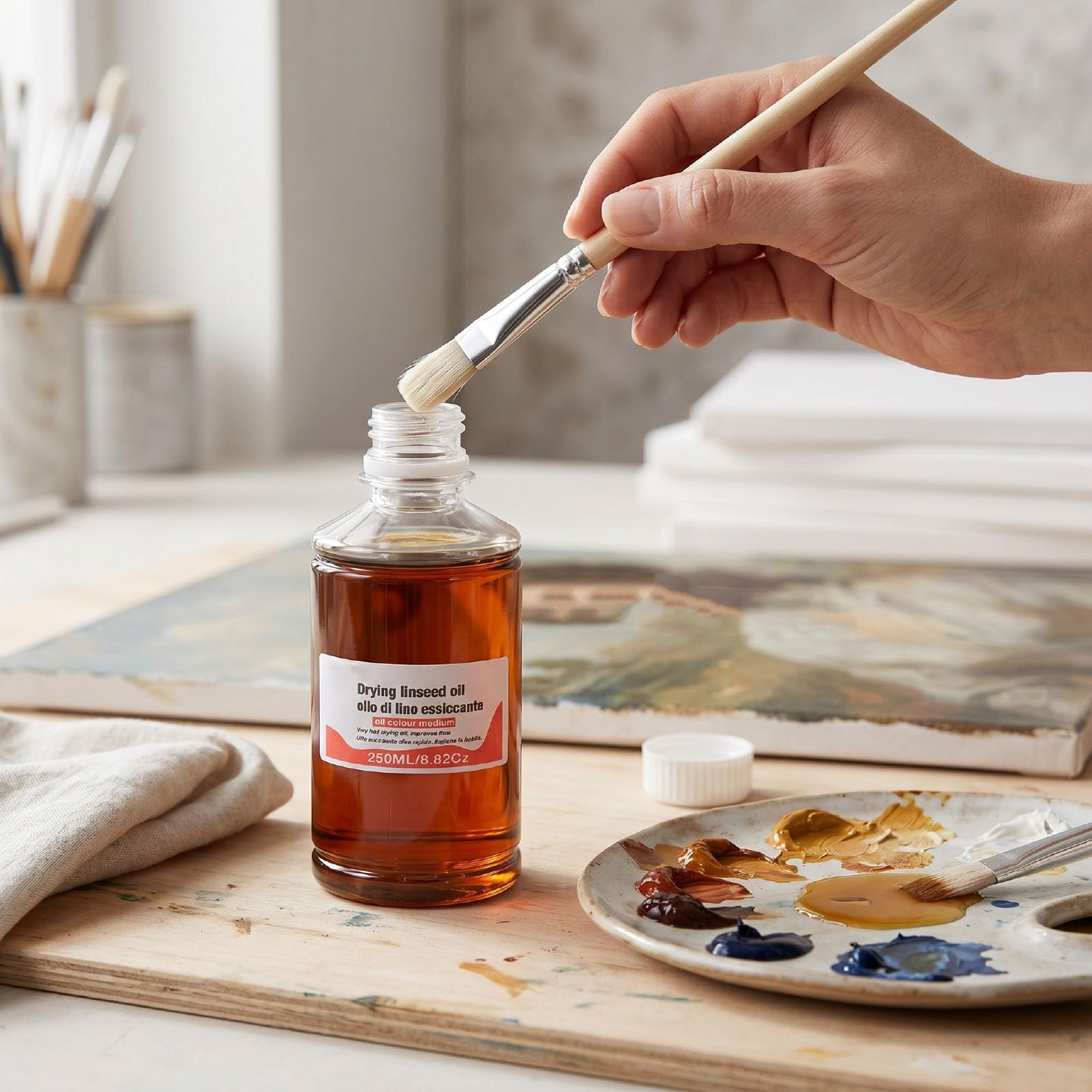 Huile de Lin à Séchage Rapide de 250ML, Diluant Pigmentaire pour Peinture, Améliore le Flux, la Transparence et le Brillant
