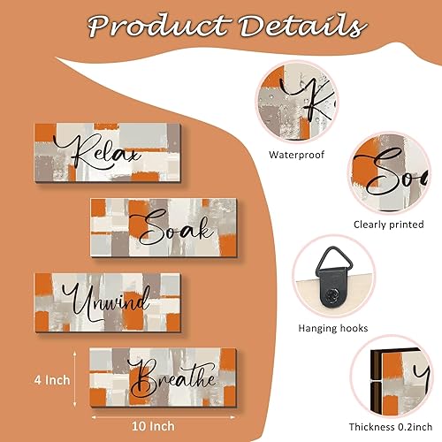Miniatura 4 de 4 piezas de decoración de pared naranja para baño, decoración de pared naranja con citas relajantes, arte abstracto de madera colgante de pared para