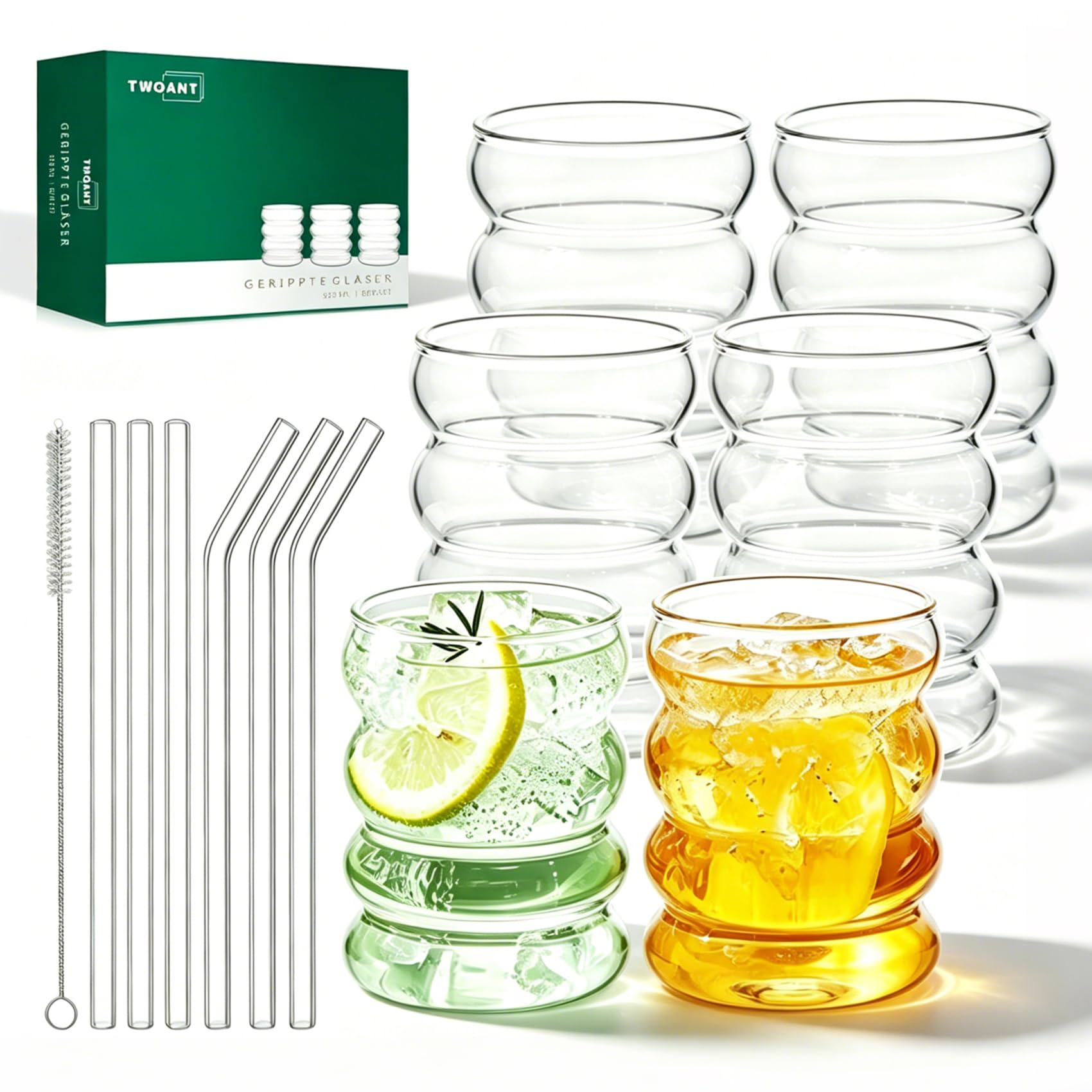 Twoant Ribbed Glasses Set (6 x 350ml) - Borosilicate Glass Cocktail Drinking Glasses with Straws and Brushes