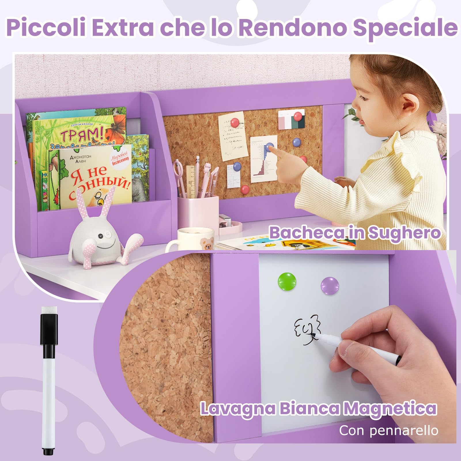 COSTWAY Scrivania per Bambini con Sedia, Set Tavolo e Sedia con Lavagna, Pennarello, Armadietto e Bacheca, Postazione Computer per Studenti e Tavolo da Scrittura per 3+ Anni (Viola)