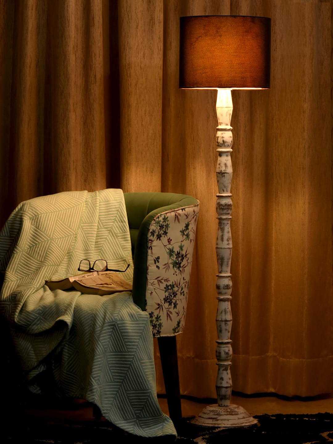 Green Girgit Wooden Floor Lamp in Distress White Color with Cotton Black Cylindrical Lamp Shade | Light Decoration for Home | Living Room & Bedroom Bedside Floor Lamp | Wooden Floor Lamp