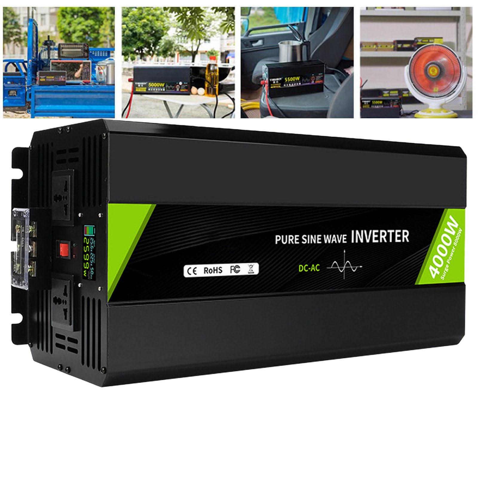 Przetwornica Napięcia Samochodowego Przetwornica DC 12 V/24 V/48 V do AC 110 V/220 V, Szybka ładowarka Samochodowa do Podróży Służbowych i Wakacji,4000W-DC24V-AC110V