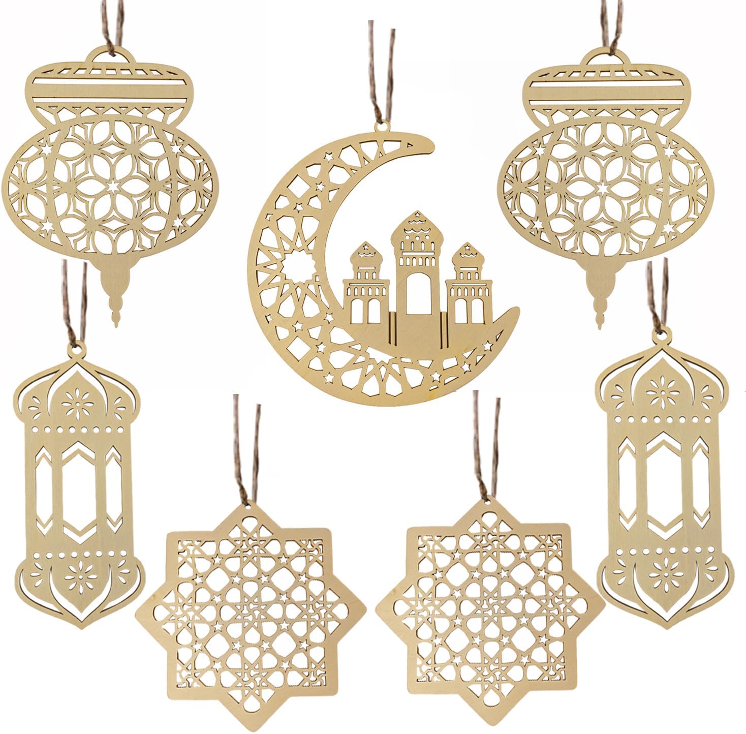 Jsdoin Ramadan Decorations for Home, 7pcs Wooden Pendant Moon Star Wind Light Shape Eid Decorations