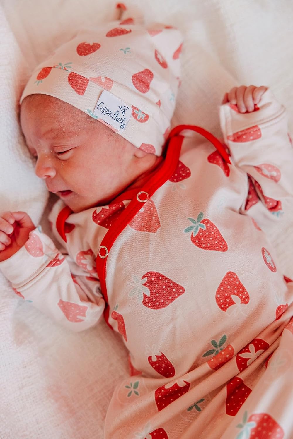 Copper Pearl Baby Gown - Knotted Newborn Sleepers for Baby Boy and Girl, Soft Stretchy Long Sleeve Infant Gowns with Bottom Tie and Hand Mittens, Perfect Hospital Coming Home Outfit (Strawberry)