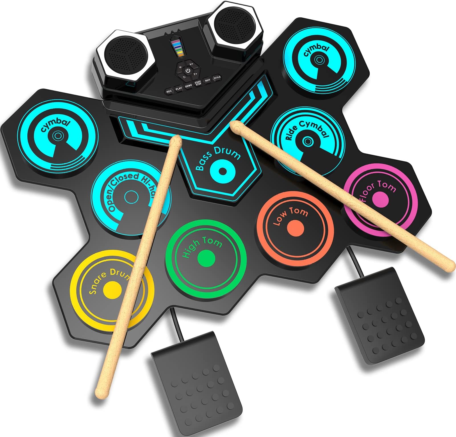 CNAPXAIA Portable Electronic Battery – 9 Pads, Roll-Up Electric Bluetooth Drum with Built-in Dual Speakers, Colourful Drum Musical Instruments Gift for Children/Adults