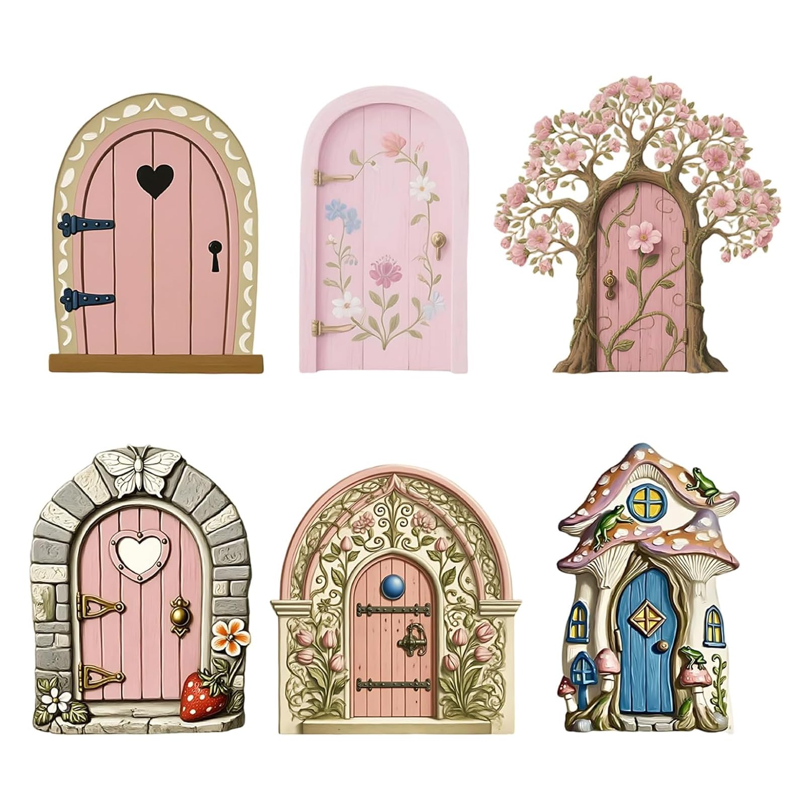 TOUKBEAU Fairy Garden Accessor, Fairy Doors Set 6Pcs, Pink Fairy Garden Accessories, Outdoor Garden Ornaments, Fairy Doors For Garden For Home Garden Tree Indoor Decor Lawn Yard Art Accessories