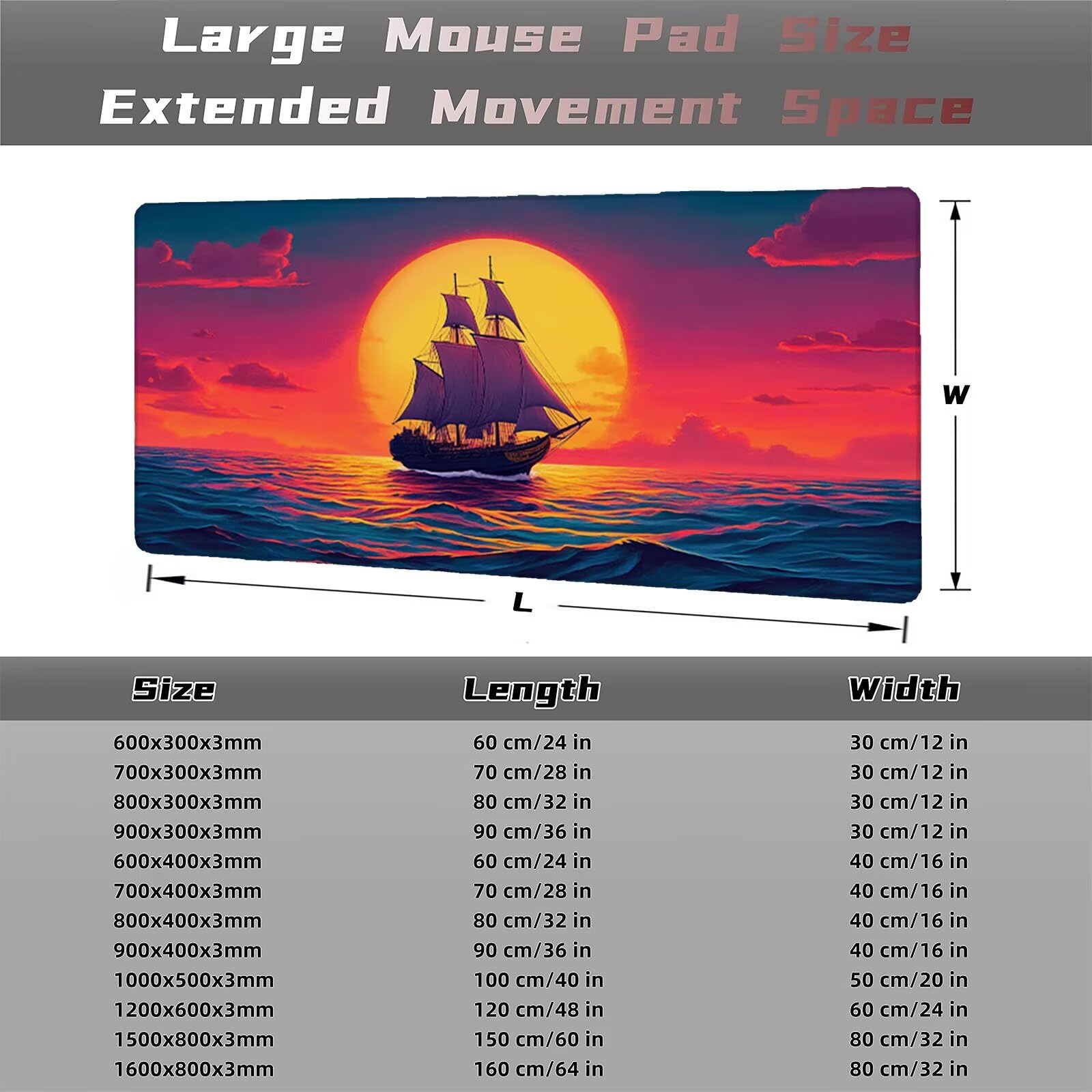 Podkładka pod mysz żaglową 1500 x 800 mm Zachód słońca Podkładka pod mysz Duża japońska podkładka pod mysz antypoślizgowa gumowa podstawa powierzchnia z szwami na krawędziach do dekoracji domu biura