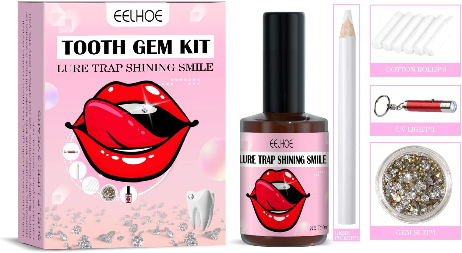 OUNA DIY Tooth Gem Kit with Curing Light Glue Crystals Jewelry Kit Teeth Jewelry Gems Set Ornaments for Tooth Decoration