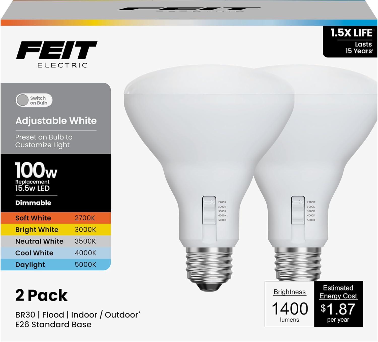 Feit Electrical BR30 LED Gentle Bulb, 100W Equal, Dimmable, 5CCT, E26 Medium Base, 90 CRI, 1400 Lumens, Adjustable White, 13 Years Lifetime, 2 Pack, BR30100DM5CCTCA15K/2