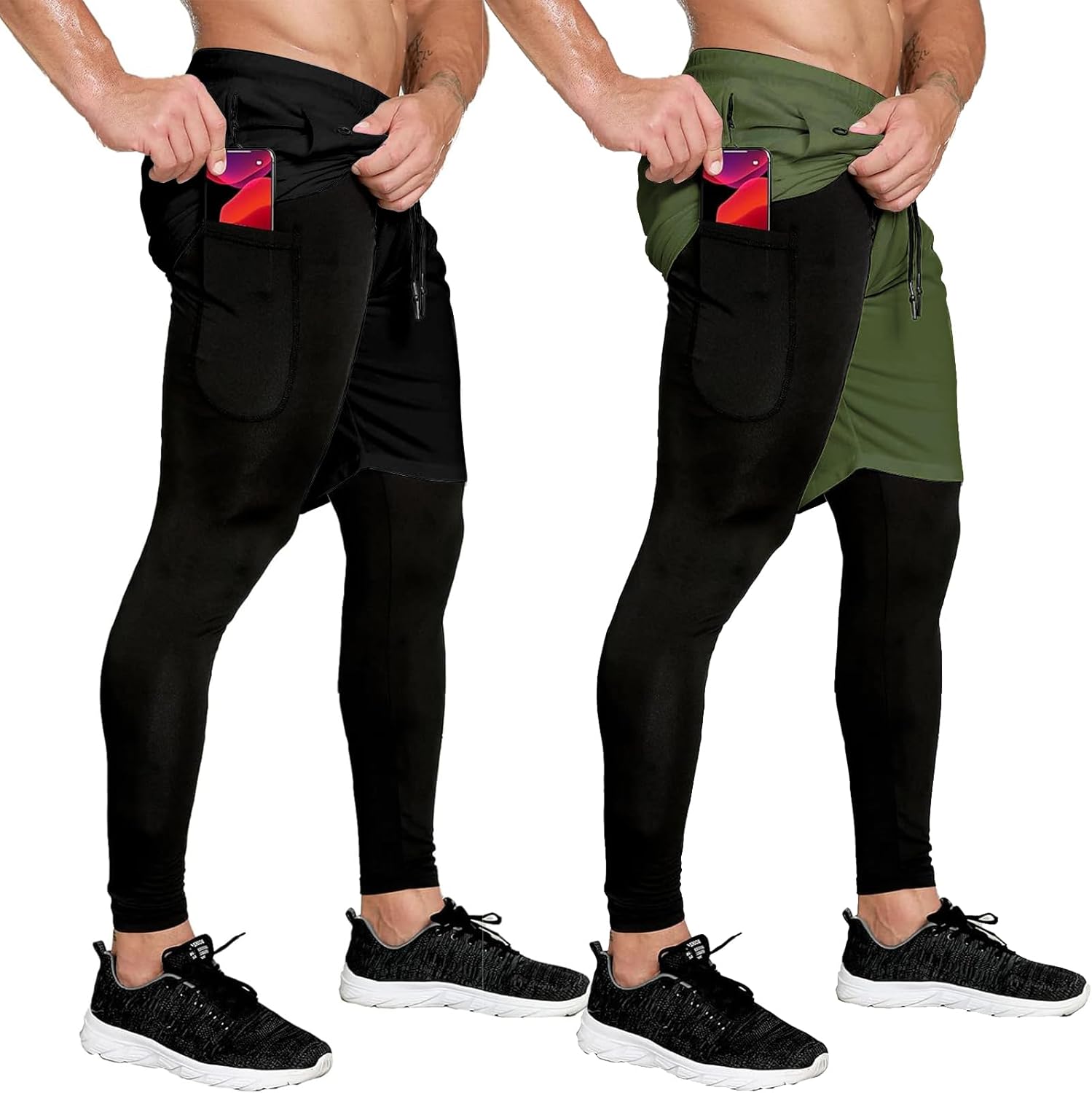 OEBLD Mens 2 in 1 Athletic Running Pants Quick Dry Gym Workout Shorts for Men Compression Pants with Pockets
