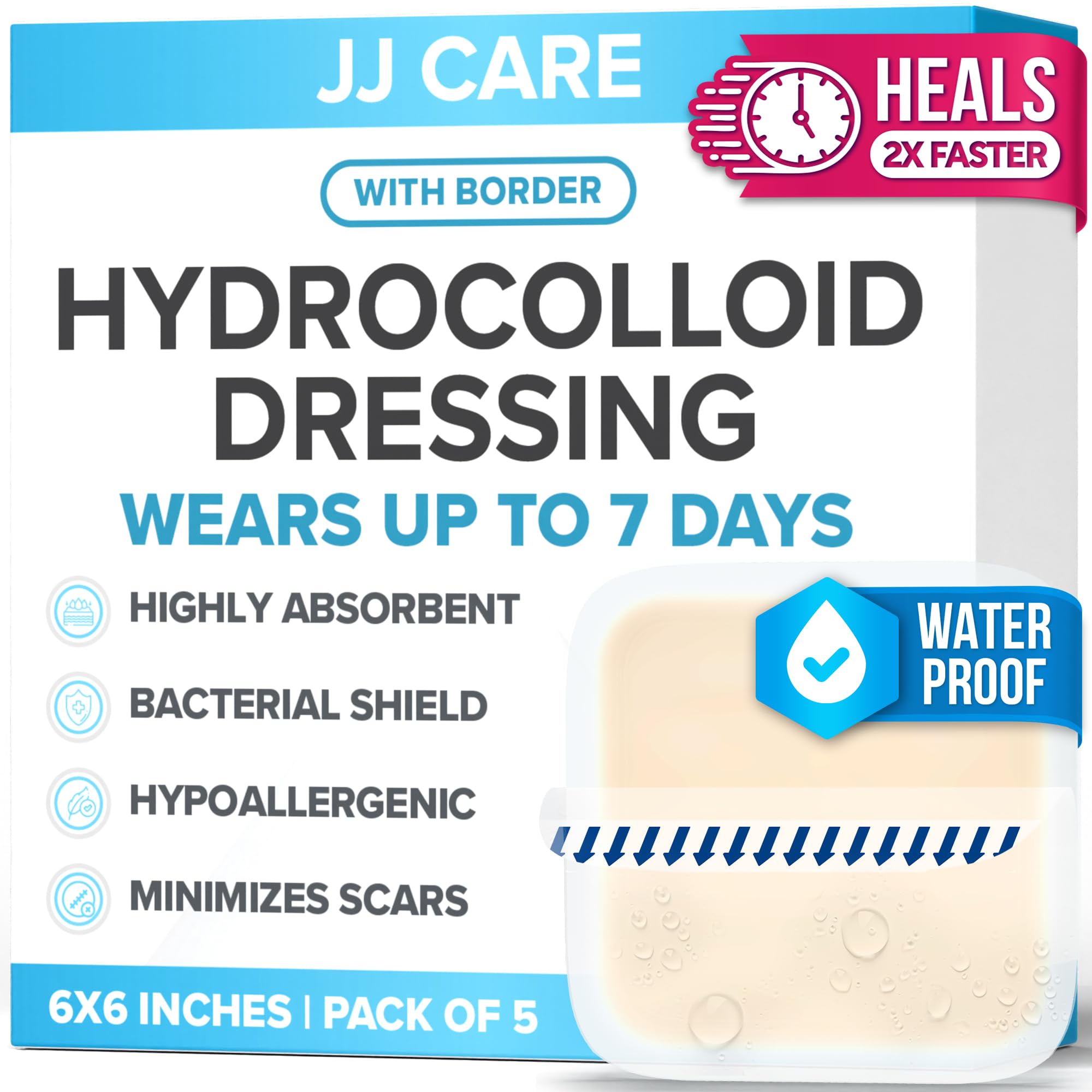 JJ CARE Hydrocolloid Dressing 6x6 [Pack 5], 1.2MM Thick Large Hydrocolloid Bandages with Border, Self-Adhesive Thin Hydrocolloid Wound Dressing, Wound