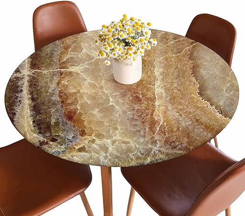 Miniatura 1 de Mantel redondo de mármol ónix con bordes elásticos, color marrón, lavable, reutilizable, para cocina, picnic, fiesta, 40-44 pulgadas
