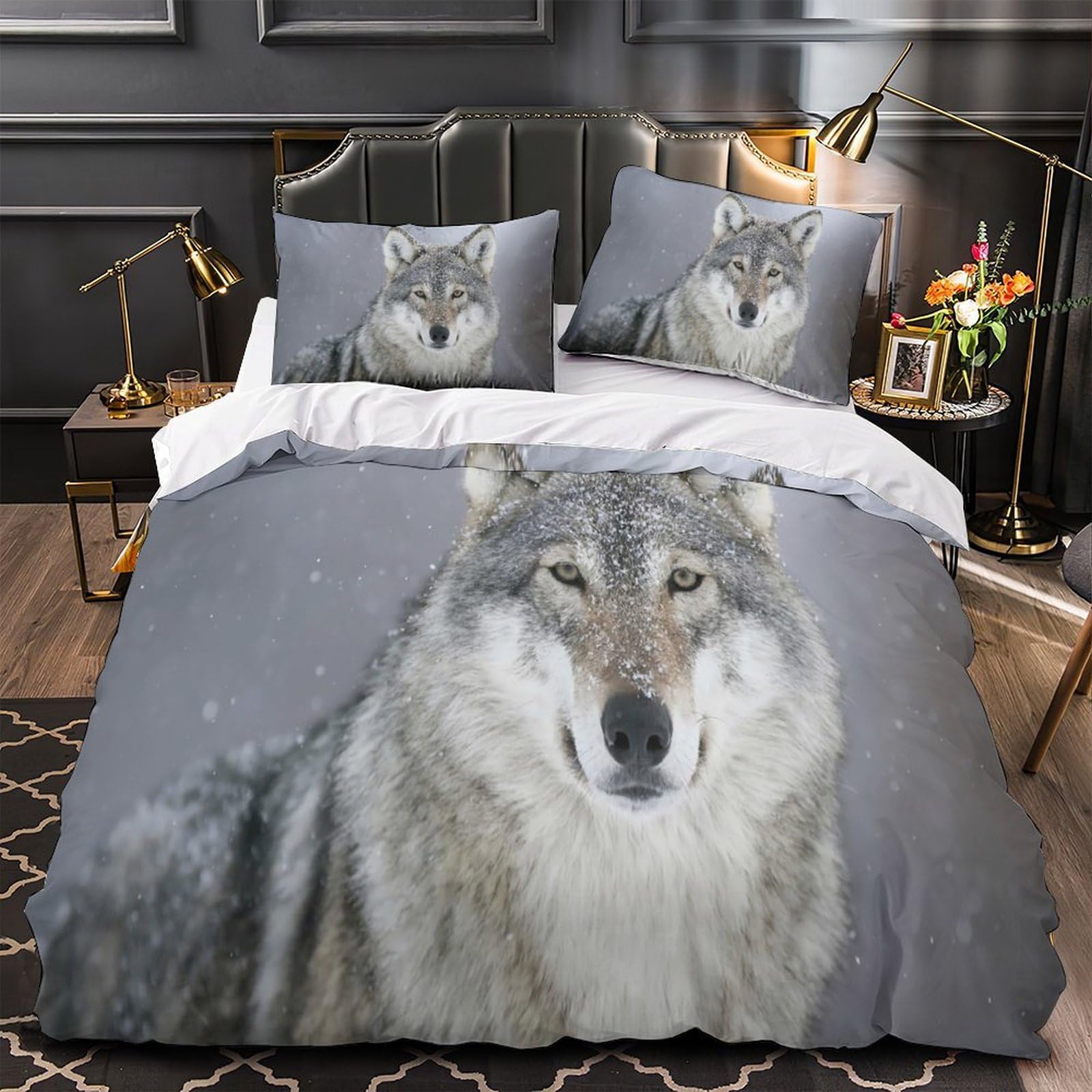 Housse de couette loup 140x200 hypoallergénique et thermorégulatrice à fermeture éclair