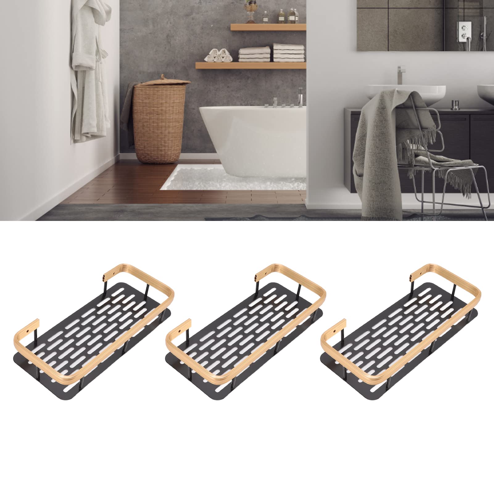 Estante de almacenamiento de ducha de 3 capas rectangular de aluminio sin perforaciones, cesta organizadora de ducha con calcomanías para el hogar, hotel, baño, cocina (negro dorado)