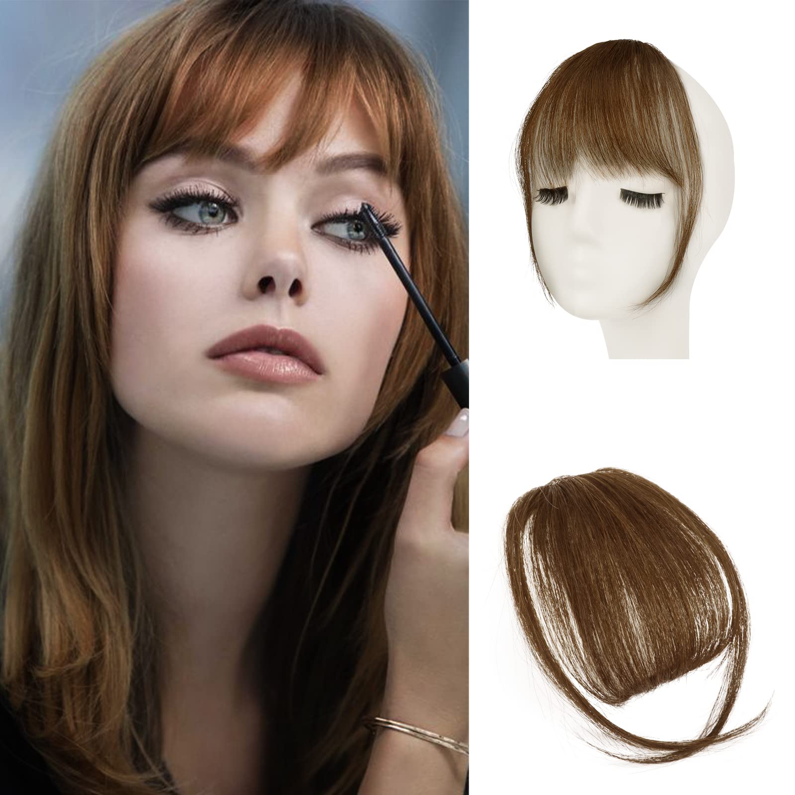 Sofeiyan Bangs Hair Clip in Bangs 100% Human Hair Bangs Extension Air Bangs Wispy Bangs French Bangs with Temples Clip on Flat Neat Bangs Fringe Natural Hairpieces for Women(Light Brown)