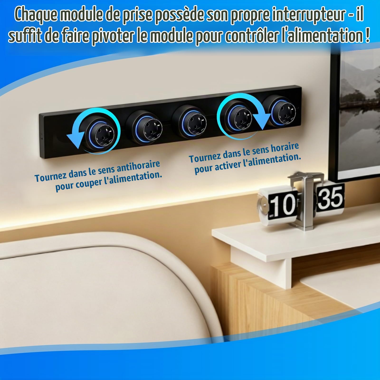 Rail Électrique Apparent 50 cm, avec 4 Prises EU – Modules Déplaçables, Alimentation Rotative Marche/Arrêt, Installation Facile sans Encastrement Mural, Idéal pour Cuisine, Salon Et Chambre