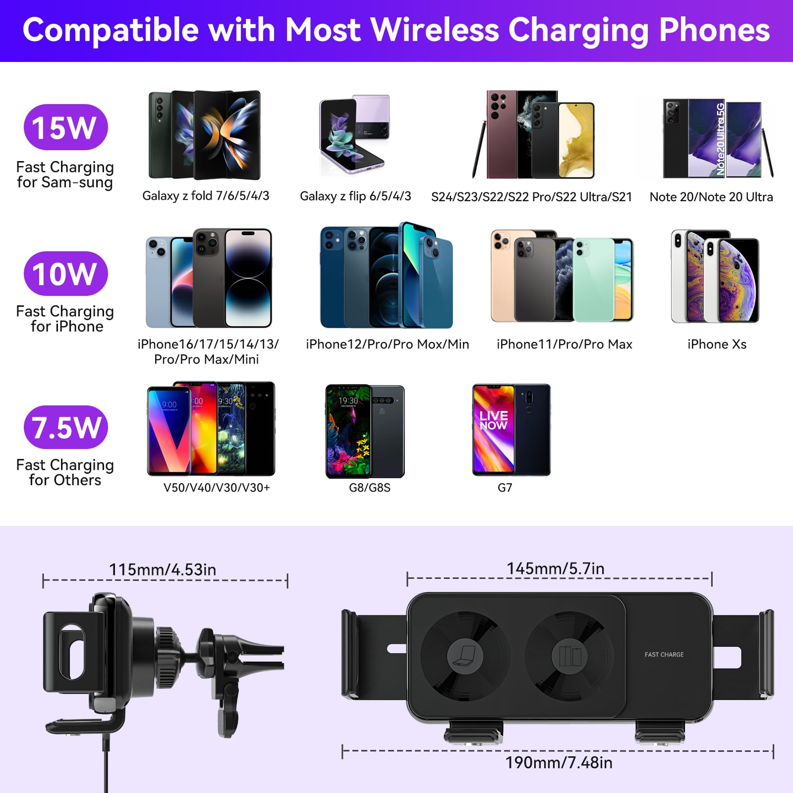 Supporto per auto con caricabatteria wireless rapido QC 3.0 a doppia bobina da 15 W Olycism con funzione di ricarica per Z Fold/Flip 7/6/5/4/3, supporto per auto rotante automatico
