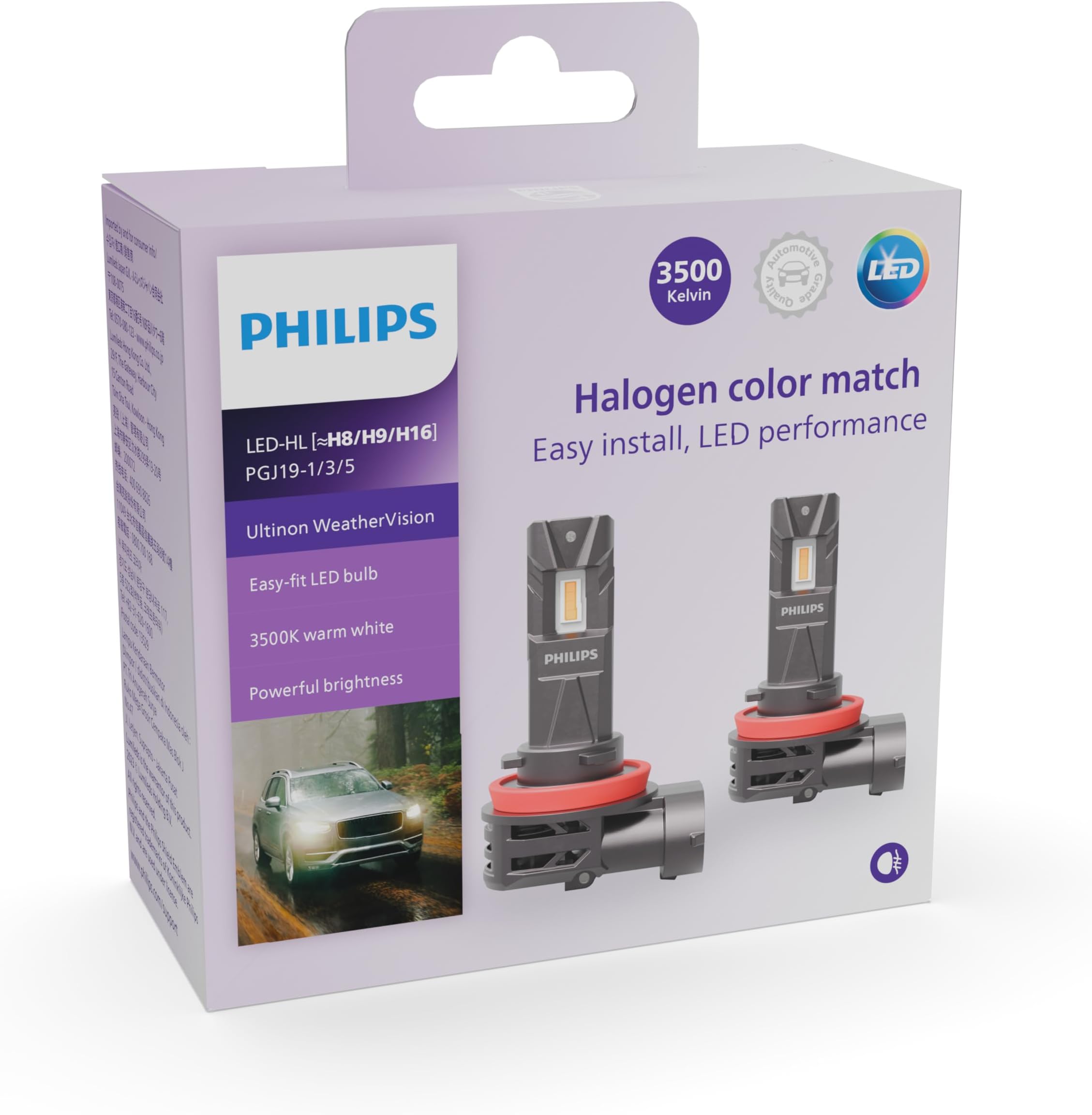 WeatherVision LED car headlight bulb (H8/H9/H16-Fog), ultra-compact direct-fit, Halogen color match, easy install, LED performance, 3500K, set of 2