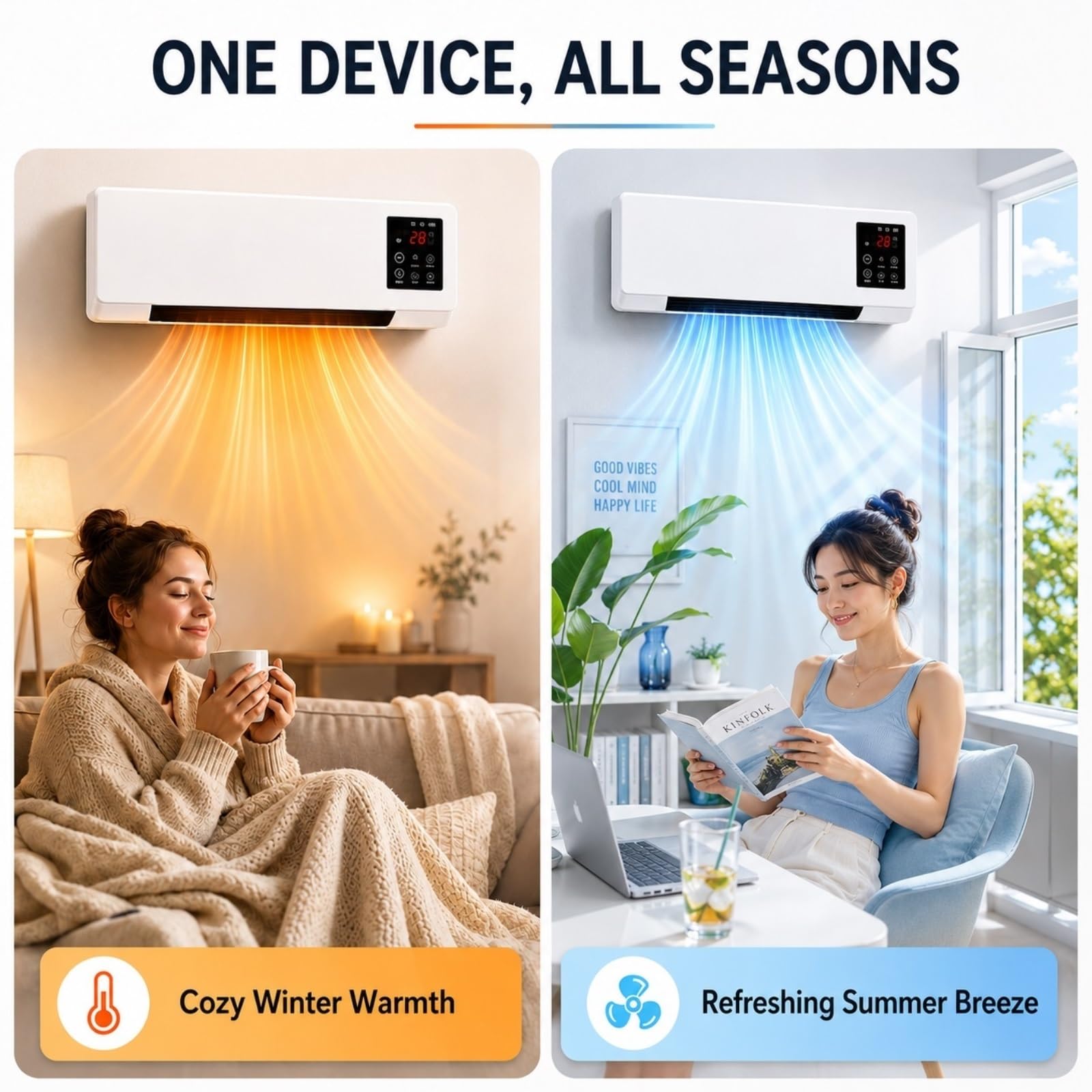 Ventilador y Aire Acondicionado de Pared Portátil 2 en 1 (Sistema de Calefacción y Refrigeración), Unidad Combinada Inteligente con Pantalla LED y Control Remoto; Mini Enfriador Silencioso