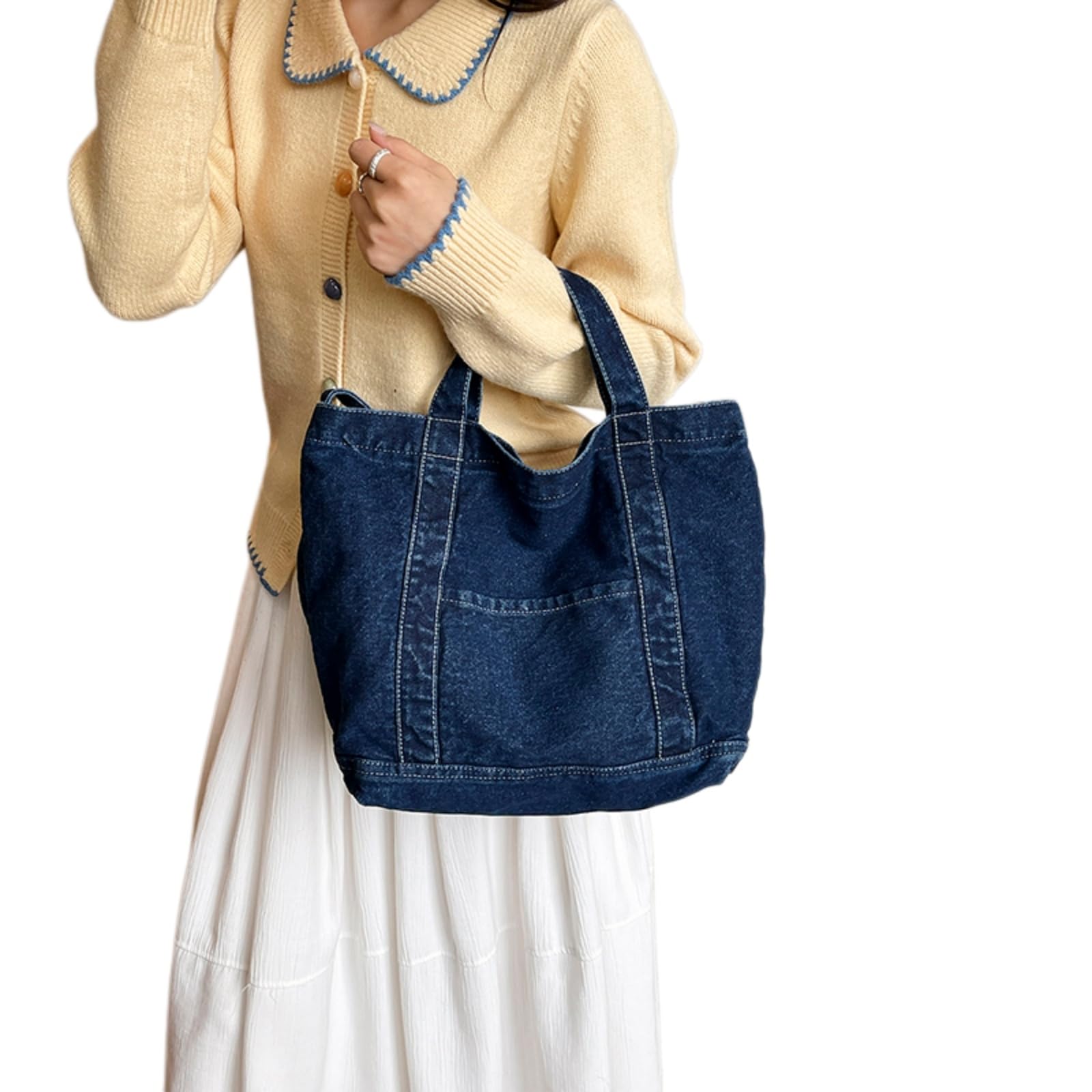 Beauty Case Borsa da Donna in Denim, A Spalla Casual con Doppie Maniglie E Tasca Anteriore per I Pendoli Giornalieri-Dark Blue