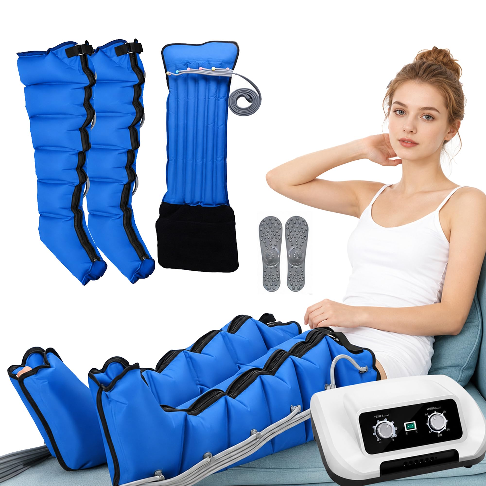 Botas de Presoterapia Piernas para Casa 6 Cámaras, Azul M | Botas de Presoterapia, Drenaje Linfático, Circulación, 0-30 Min, 30-240 mmHg Ajustables, 2 Piernas + Abdomen