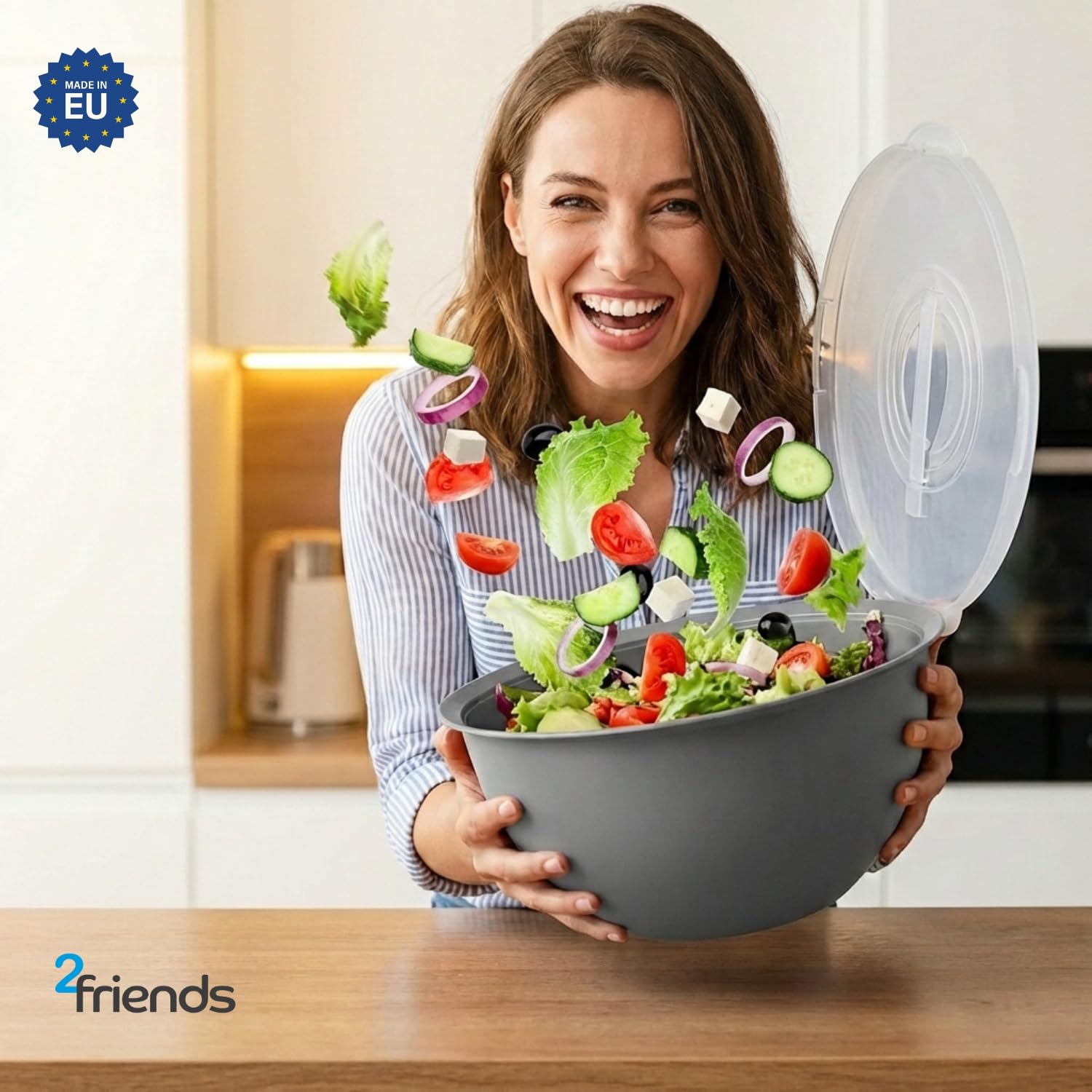2friends Salatschüssel mit Deckel 3er Set Rührschüssel 5L, lebensmittelechter BPA-freier Kunststoff, Größe Schüssel mit Deckel Made in EU; Ø28cm Durchmesser,