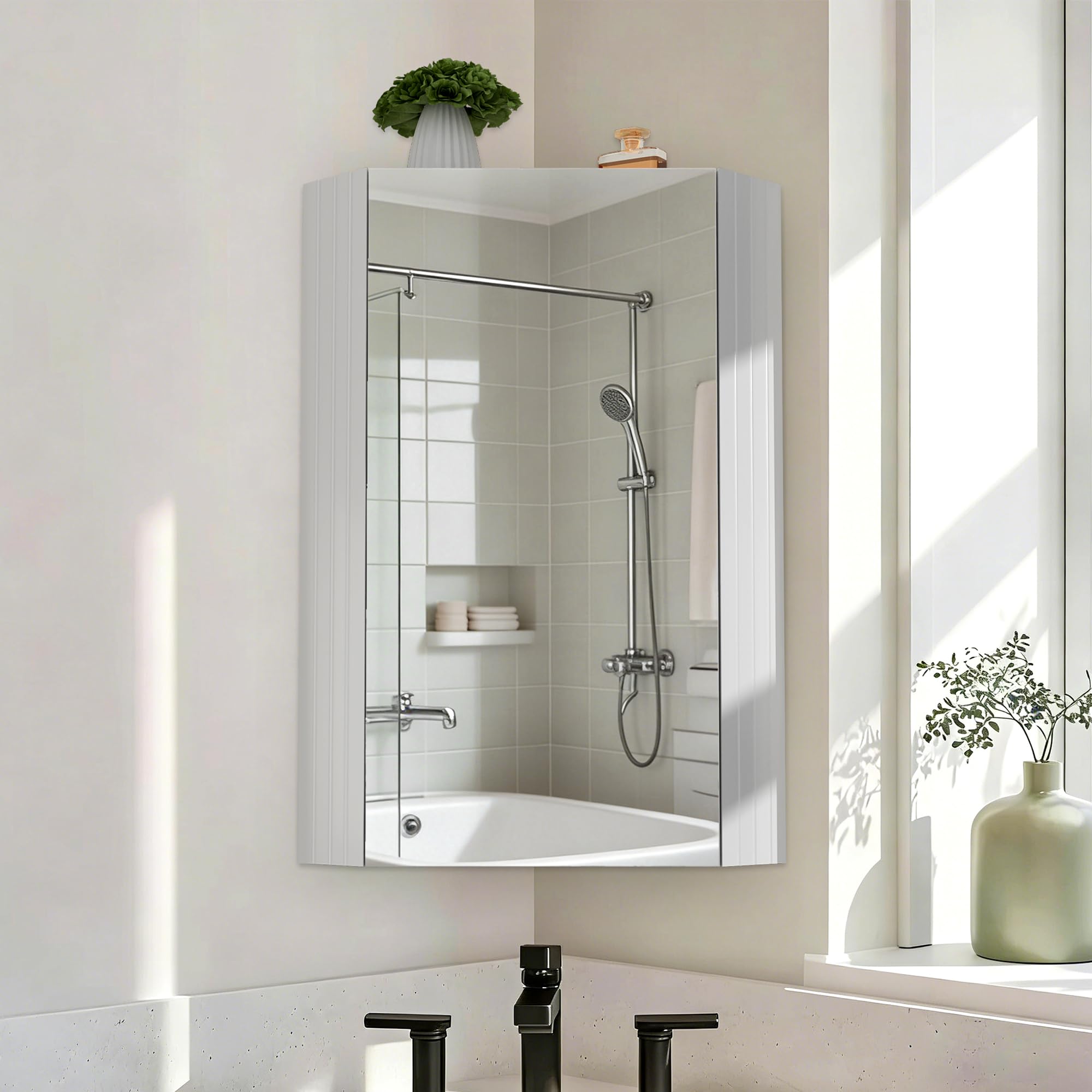 Pamapic Armario de Baño, Gabinete de Esquina de Baño, Armario Espejo para Baño con 3 Niveles, Mueble de Pared con Espejo HD, Armario Baño Pared, Muebles de Baño, 32x32x65 cm, Blanco