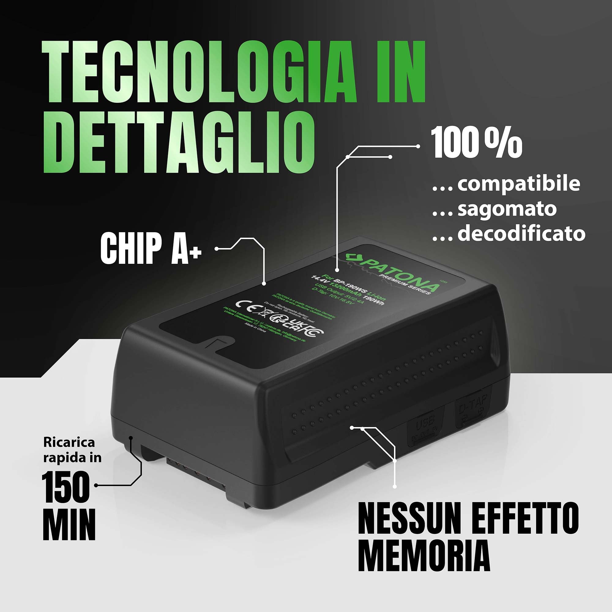 PATONA Premium Batteria V-Mount 190Wh (14,4V 13200mAh) – sostituisce Sony BP-190WS BP-GL95 BP-GL65 – con D-Tap e uscita USB, indicatore LED – per camcorder broadcast, URSA e luci video