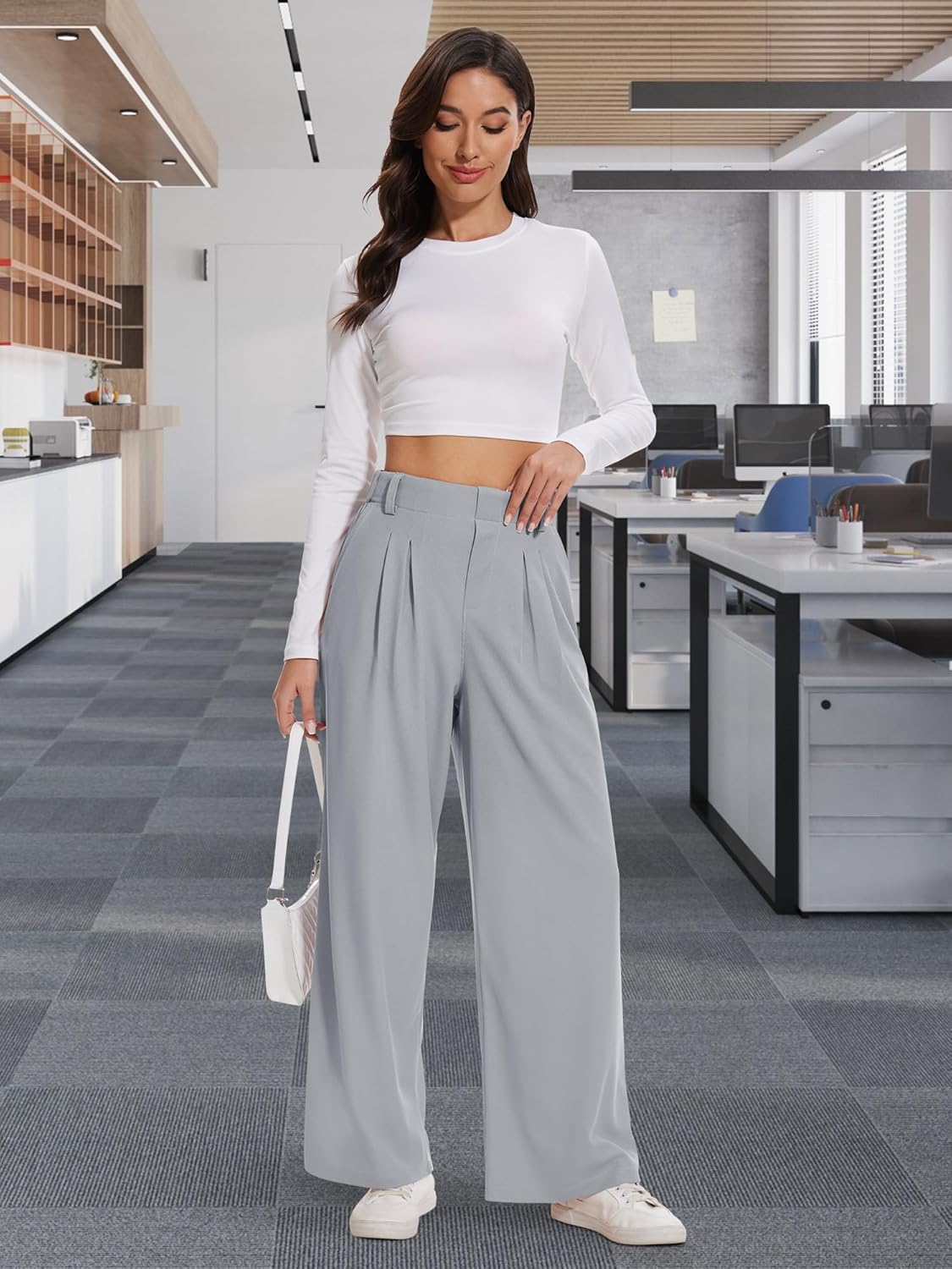 AVAMO Slacks for Women Stretchy Work Pants High Waisted Business Casual Pants with Pockets Elastic Wide Leg Waffle - Image 3