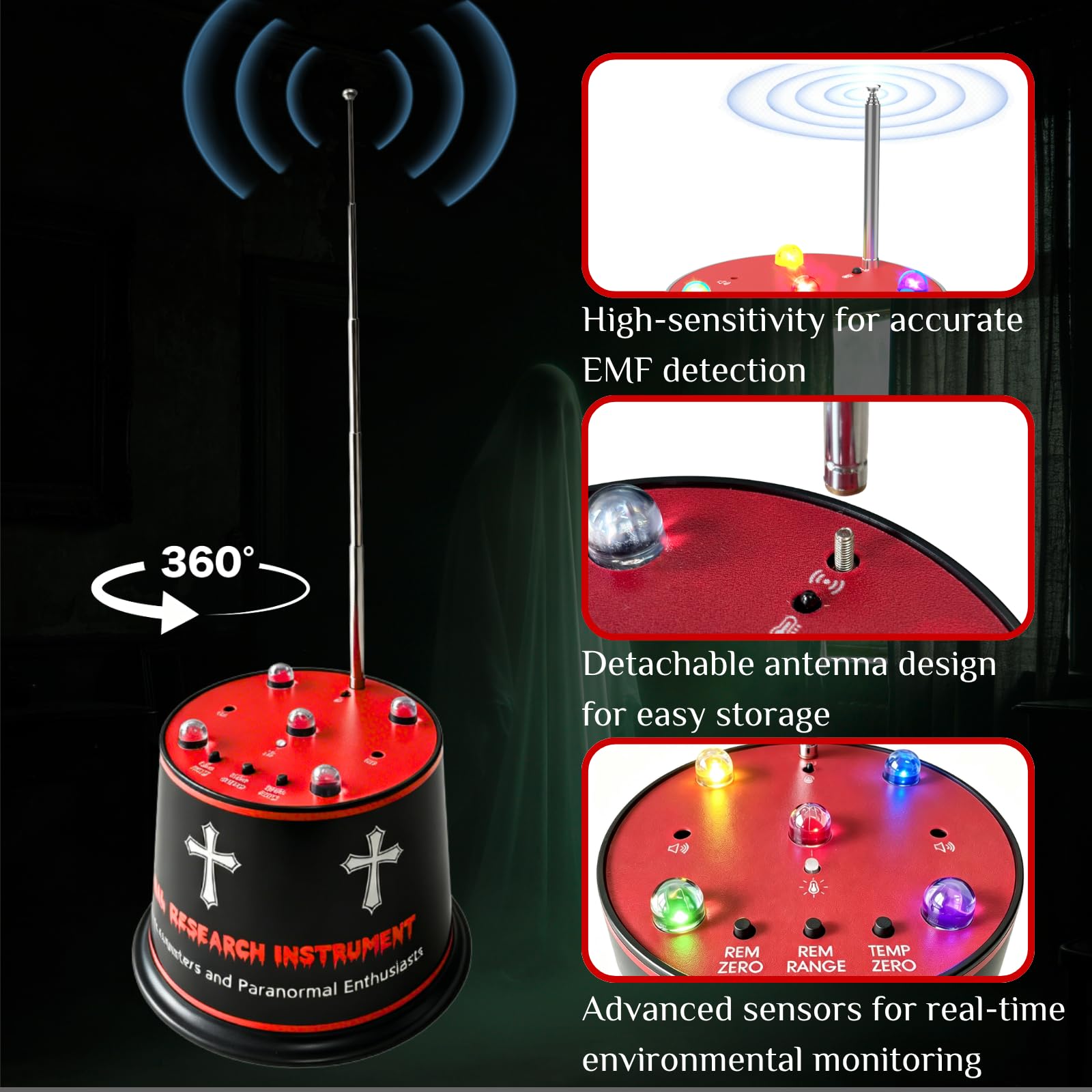 Equipo de caza de fantasmas, vigilancia paranormal mejorada con EMF profesional y detección de desviación de temperatura, antena desmontable, sensibilidad ajustable de 5 niveles con calibración