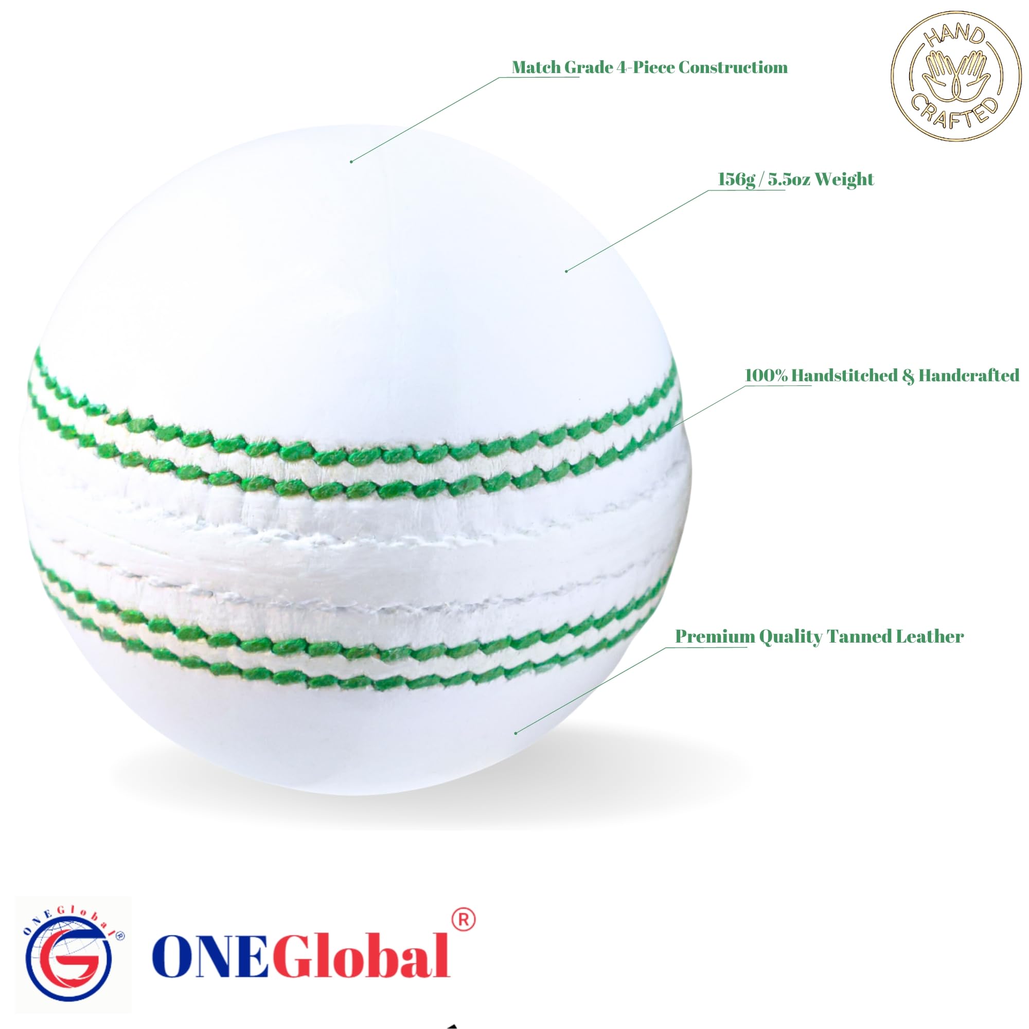 Premium Leather Cricket Ball | 100% Handcrafted, 156g - 5.5oz, 4-Piece Construction & Premium Tanned Leather | Ideal for League Matches, Tournaments, Net Practice