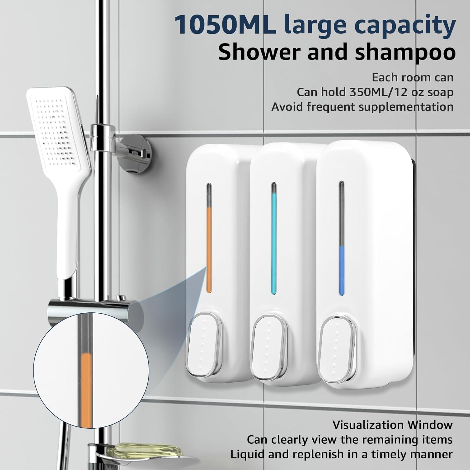 3-in-1 Shampoo and Conditioner Dispenser, Shower Dispenser 3 Chamber No Drill Shampoo Dispenser, 1050ML Shampoo and Soap Dispensers, Wall Mounted Soap Dispenser for Hotel/Home Bathrooms