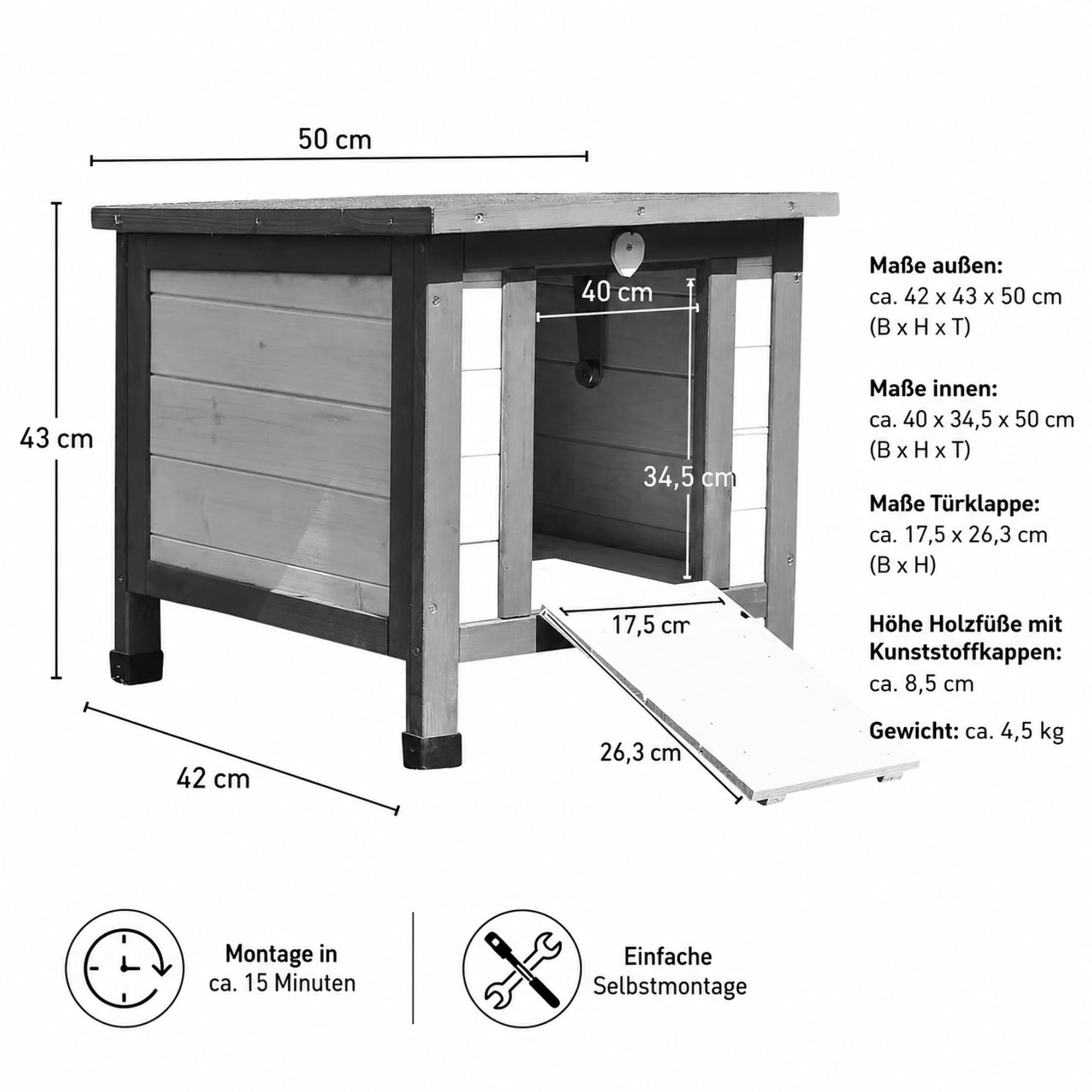 Mucola Katzenhaus Winterfest mit klappbarem Deckel und Rampe 50x45x43cm Katzenhütte Outdoor Wurfkiste Holz Katzenhöhle Katzenschlaftplatz