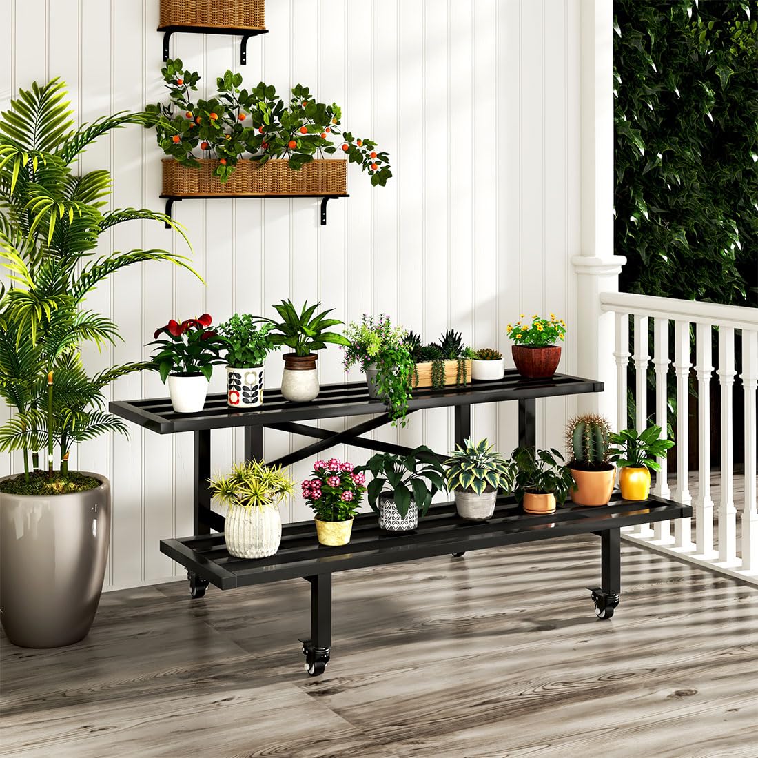 Estantería para flores con ruedas, de metal, 2 estantes, color negro, para plantas de interior y exterior, balcón