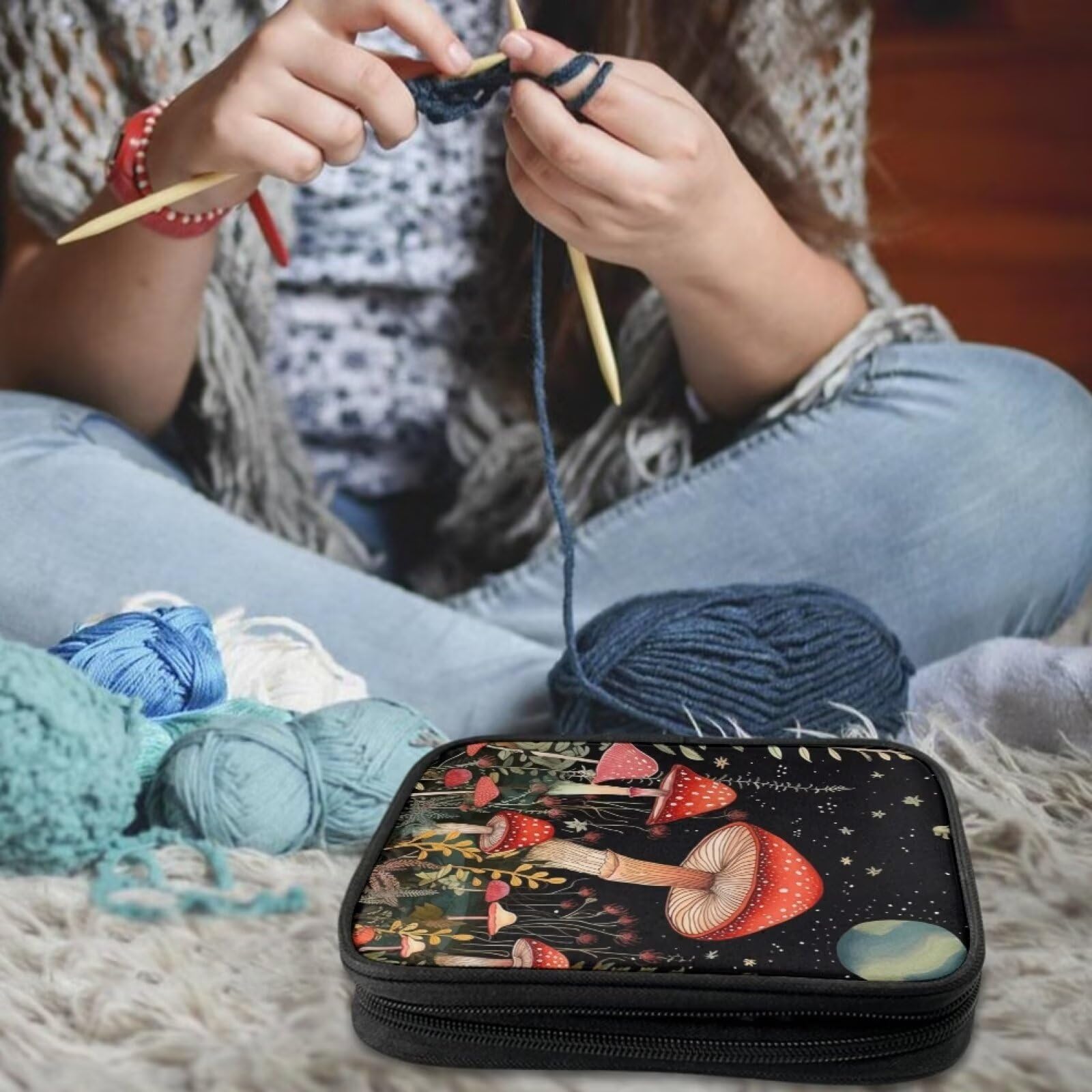 YUVAMAGIMO Red Mushroom Moon Knitting Needle Organizer with Mesh Pockets Crochet Hook Holder Interchangeable Knitting Needle Case for Various Crochet Needles and Knitting Accessories