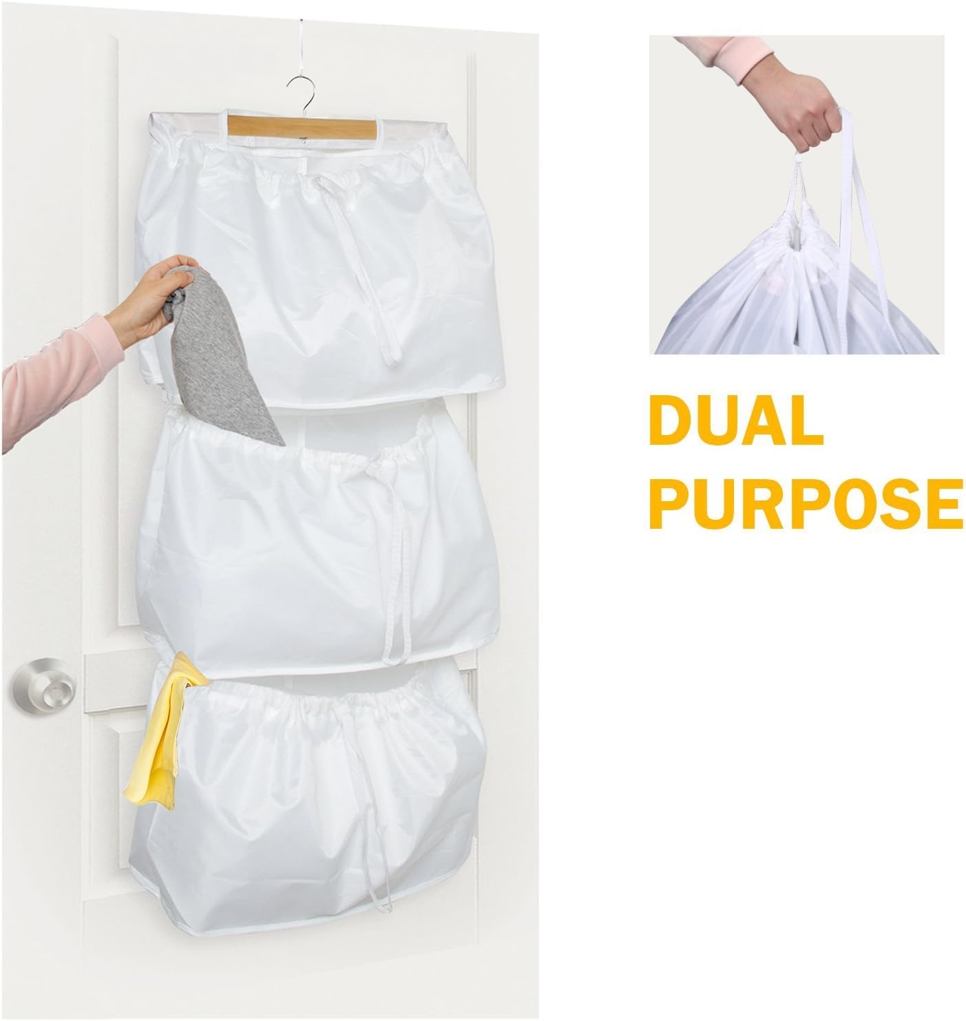 Hanging Laundry Hamper with 3 Detachable Bags, Easily Turn into Easy-to-Carry Laundry Sack, Over-The-Door Steel Hook Included (17.7” x 43”)