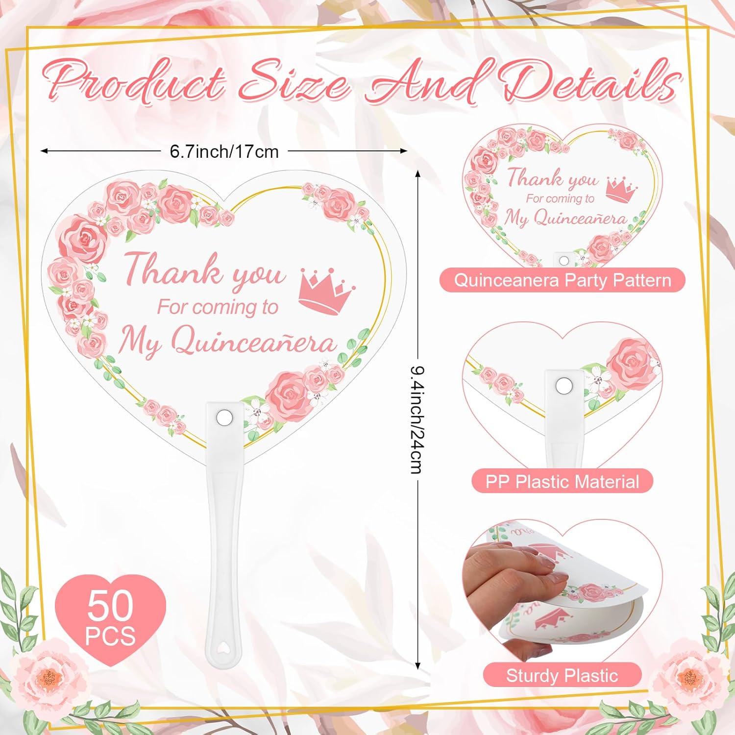 50 Pcs Brithday Fans Quinceanera Party Gift Hand Plastic Fan Quinceanera Party Favors for Guests Pink Heart Shaped Handheld Fans Thank You for Coming to My Quinceañera Recuerdos De 15 Quinceañera