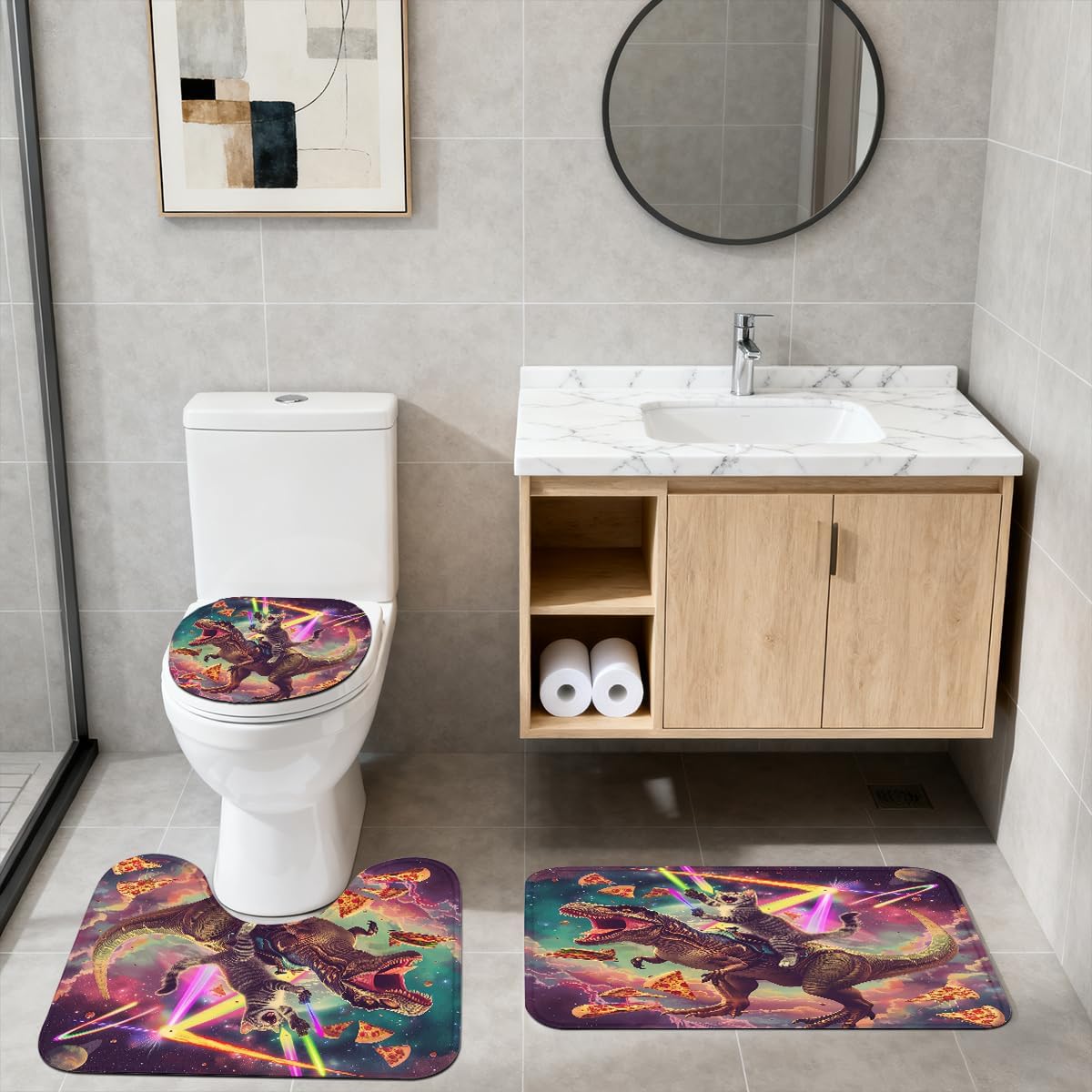 4 Piece Funny Cat Shower Curtain Set with Non-Slip Rugs, Toilet Lid Cover, Bath Mat Riding T-Rex Pizza Laser Galaxy Bathroom Decor with 12 Hooks, 72 x 72 Inch