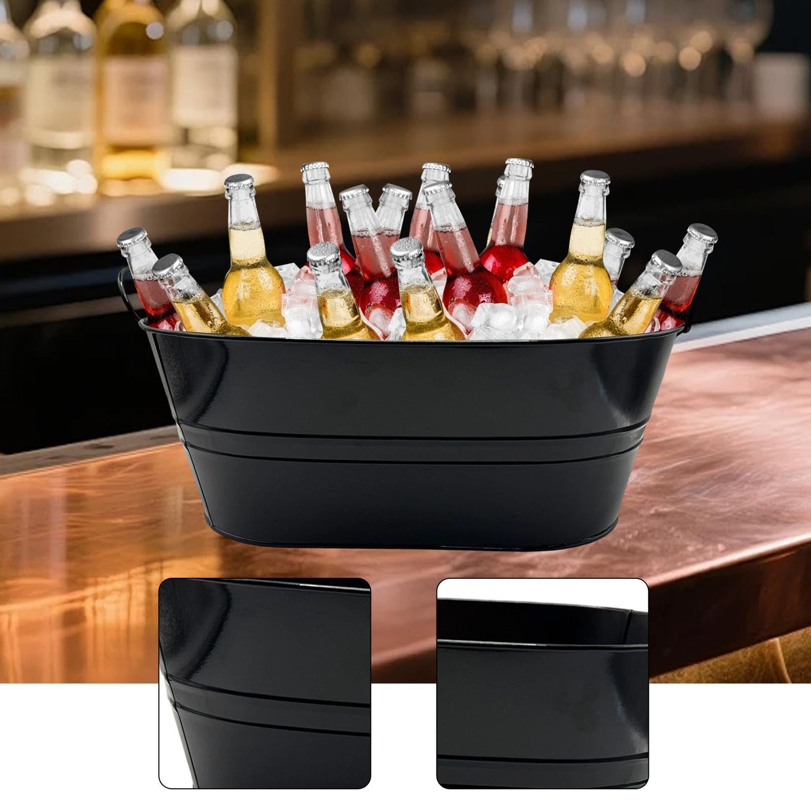 Yajuyi Cubiteras de Hielo, Contenedor Ovalado de Metal con Asas, para Enfriar Cerveza, Vino y Cócteles, Cubitera para Hielo Grande para Fiestas, Casa, Bar, Negro