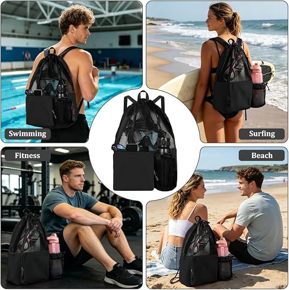 Swimming Bag, Drawstring Mesh Swimming Bag, Waterproof Swimming Backpack with Wet Pocket, Swimming Kit Bags for Adults, Kids, Beach, Swimming, Yoga and Gym
