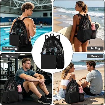 Swimming Bag, Drawstring Mesh Swimming Bag, Waterproof Swimming Backpack with Wet Pocket, Swimming Kit Bags for Adults, Kids, Beach, Swimming, Yoga and Gym