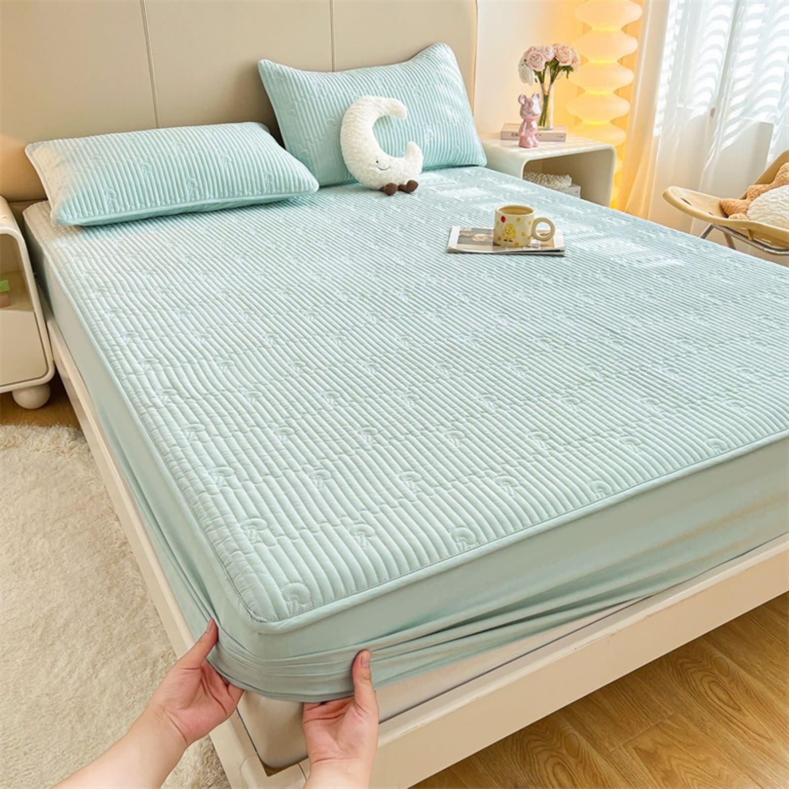 Fitted Sheet Winter, Spannbettlaken Hellgrün Unifarbenes Muster Polyester Baumwolle mit 2 Kissenbezügen 180x200cm