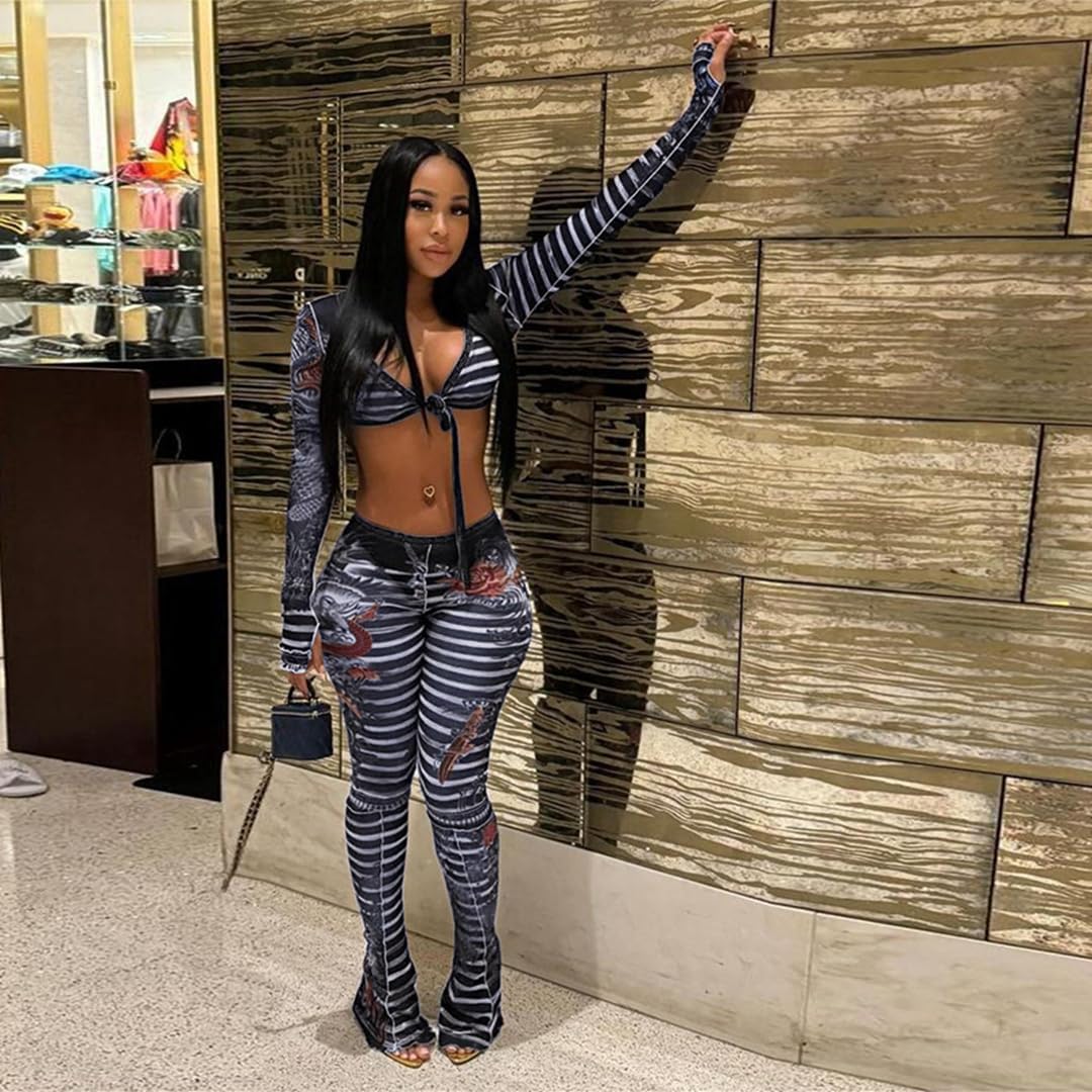 THLAI Women's Two Piece Sexy Lace Sets Long Sleeved Short Top Slim Pants See Through Print Outfits Clubwear - Image 3